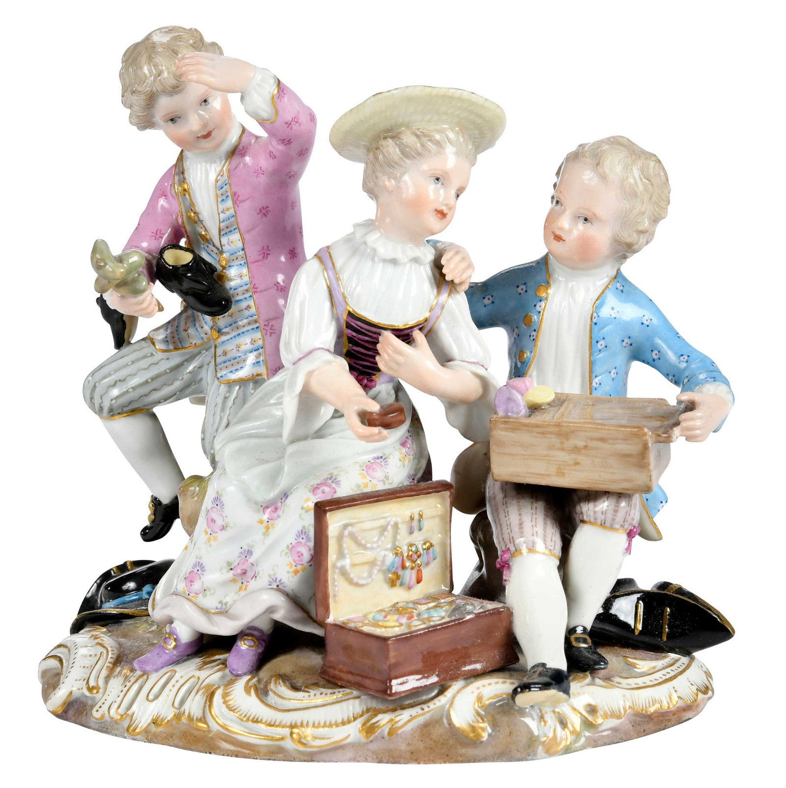 Small Meissen Porcelain Figural Group, The Fair: German, late 19th/early 20th century, blue crossed swords mark on base and incised model number "2666", 5-3/4 x 6 x 4 in. Provenance: Collection of Steve Stewart, Lake Lure, North Carolina