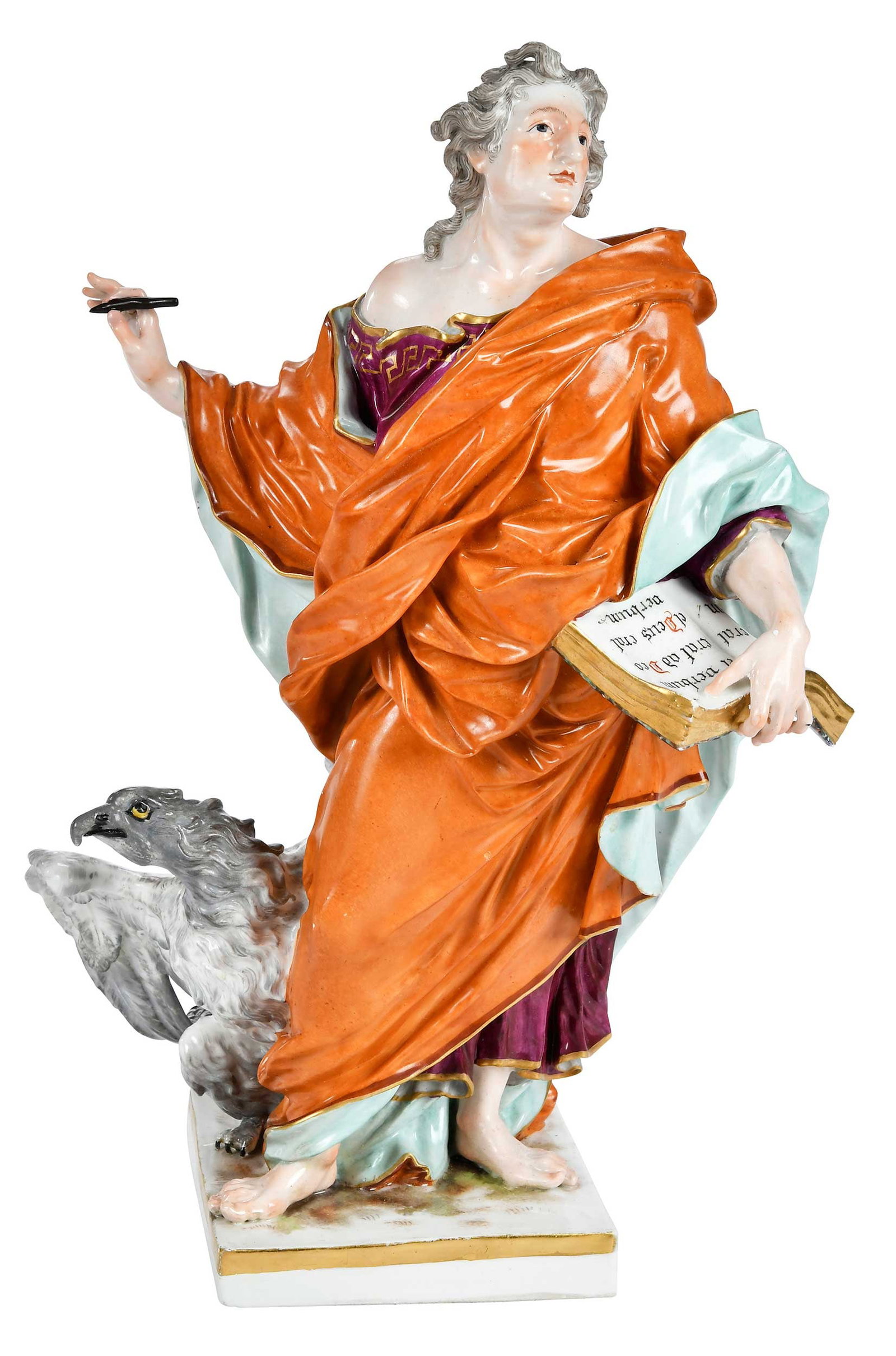 Meissen Porcelain Figure of Saint John the Evangelist: German, late 19th century, after the model by J. J. Kaendler, faint blue crossed swords mark to base, expressively modeled and finely detailed, 15 x 8-1/2 x 7-1/2 in. Provenance: Collection of Steve S