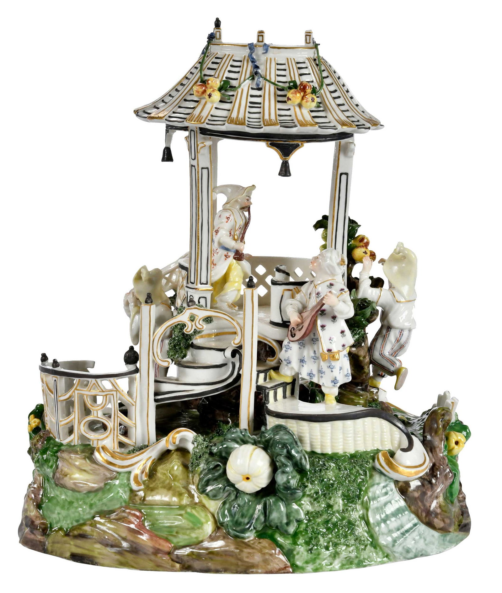 Nymphenburg Chinoiserie Porcelain Figural Group, Chinese Pagoda: German, late 19th/early 20th century, with impressed Nymphenburg shield mark to base, after the Frankenthal model by Karl Gottlieb von Luck, intricate scene featuring Chinoiserie figures in and around