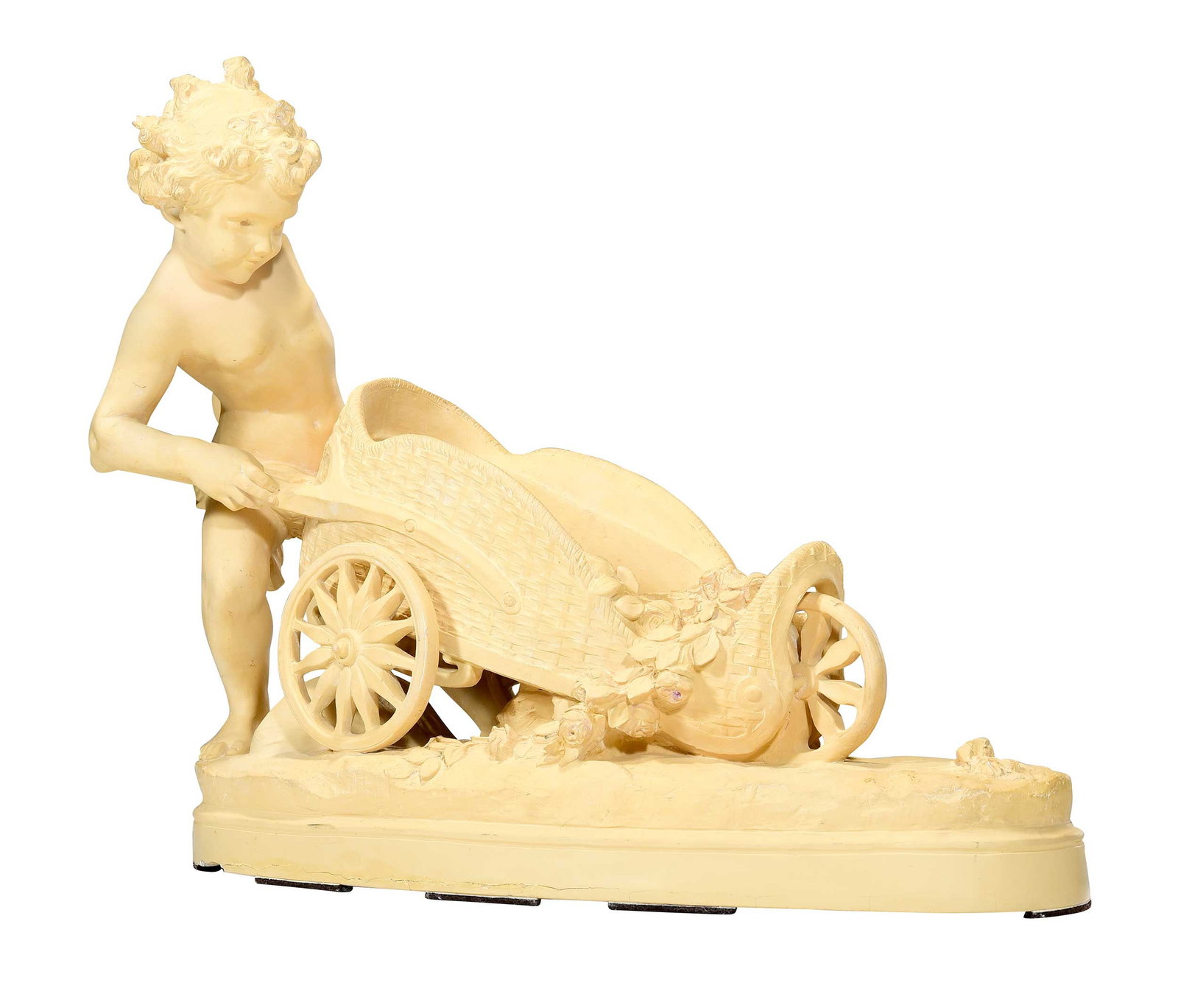 After Lucas Madrassi: (Italian, 1848-1919) Child Pushing a Cart, signed to base "L. Madrassi" and numbered "5304/5", ceramic, approx. 22 x 11 x 28 in. Provenance: Private Charlotte Collection