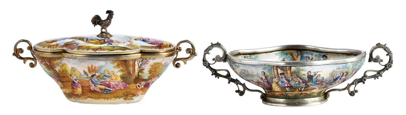 Two Handled Silver and Enameled Small Dish: late 19th/early 20th century, both cartouche form with two handles, one lidded with rooster finial, both with neoclassical enamel scenes, 3-1/4 x 6-1/2 x 3 in. and 2 x 6-3/4 x 3-1/4 in. Provenance: Co