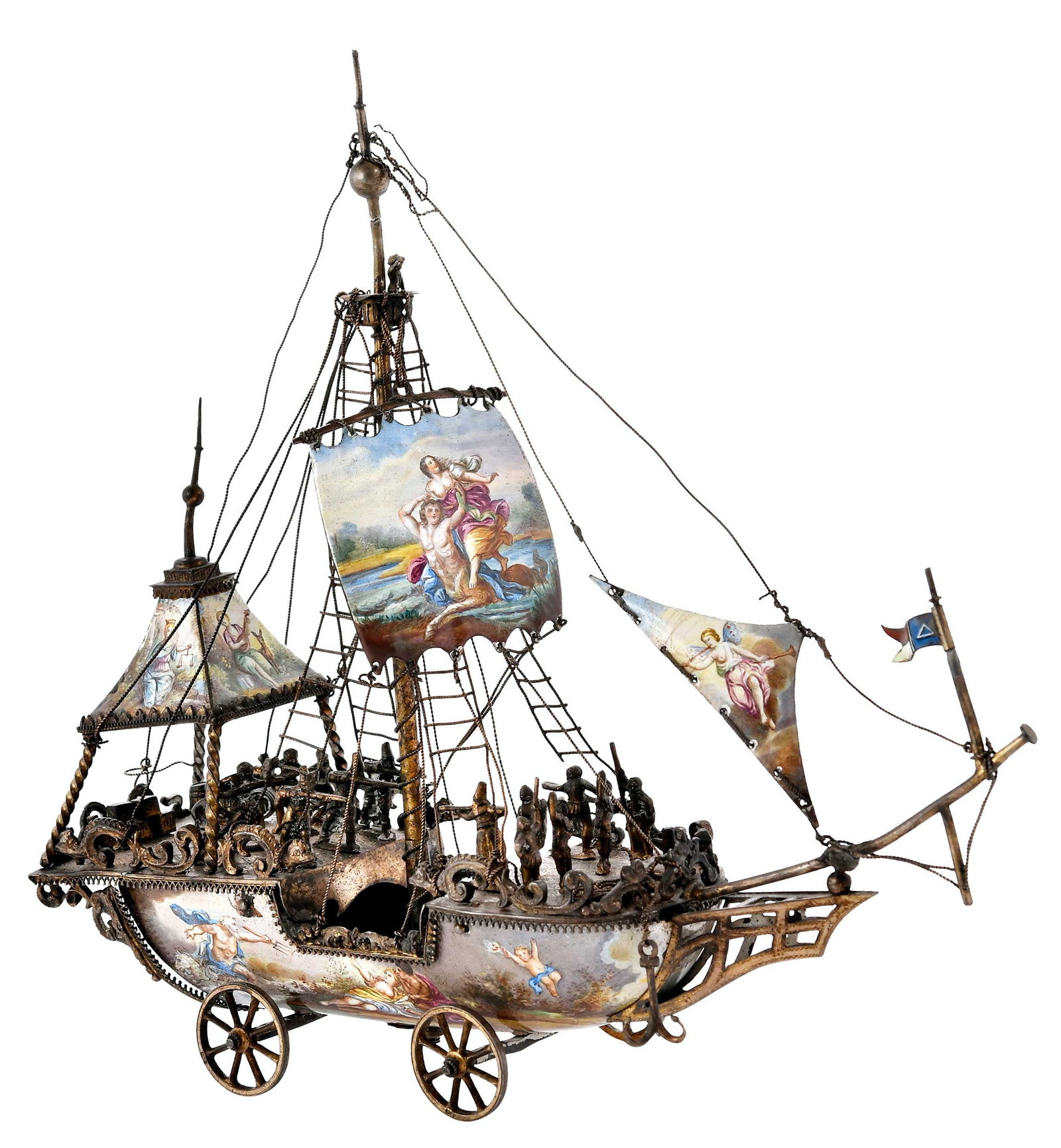 Viennese Enamel Gilt Silver Ship on Wheels: late 19th/20th century, ship with enameled neoclassical and mythological scenes on four wheels, sailors and soldiers on deck, marks on side, 9-3/4 x 10-1/2 x 3 in. Provenance: Collection of Steve Stew