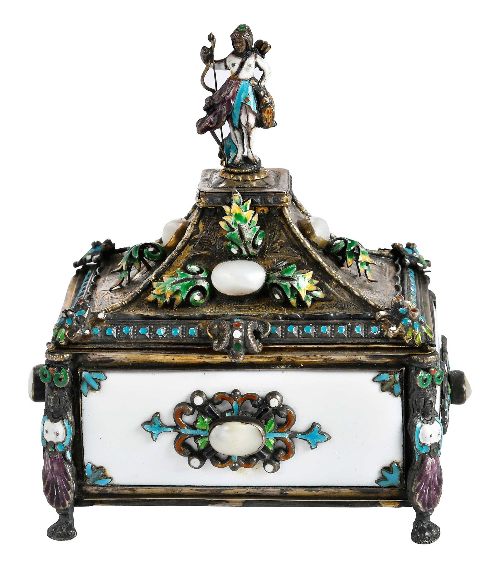 Viennese Silver and White Enamel Box: late 19th/early 20th century, rectangular form, white enamel panels, figural finial, mother of pearl accents, 4-1/4 x 3-3/4 x 3 in. Provenance: Collection of Steve Stewart, Lake Lure, North Carolina