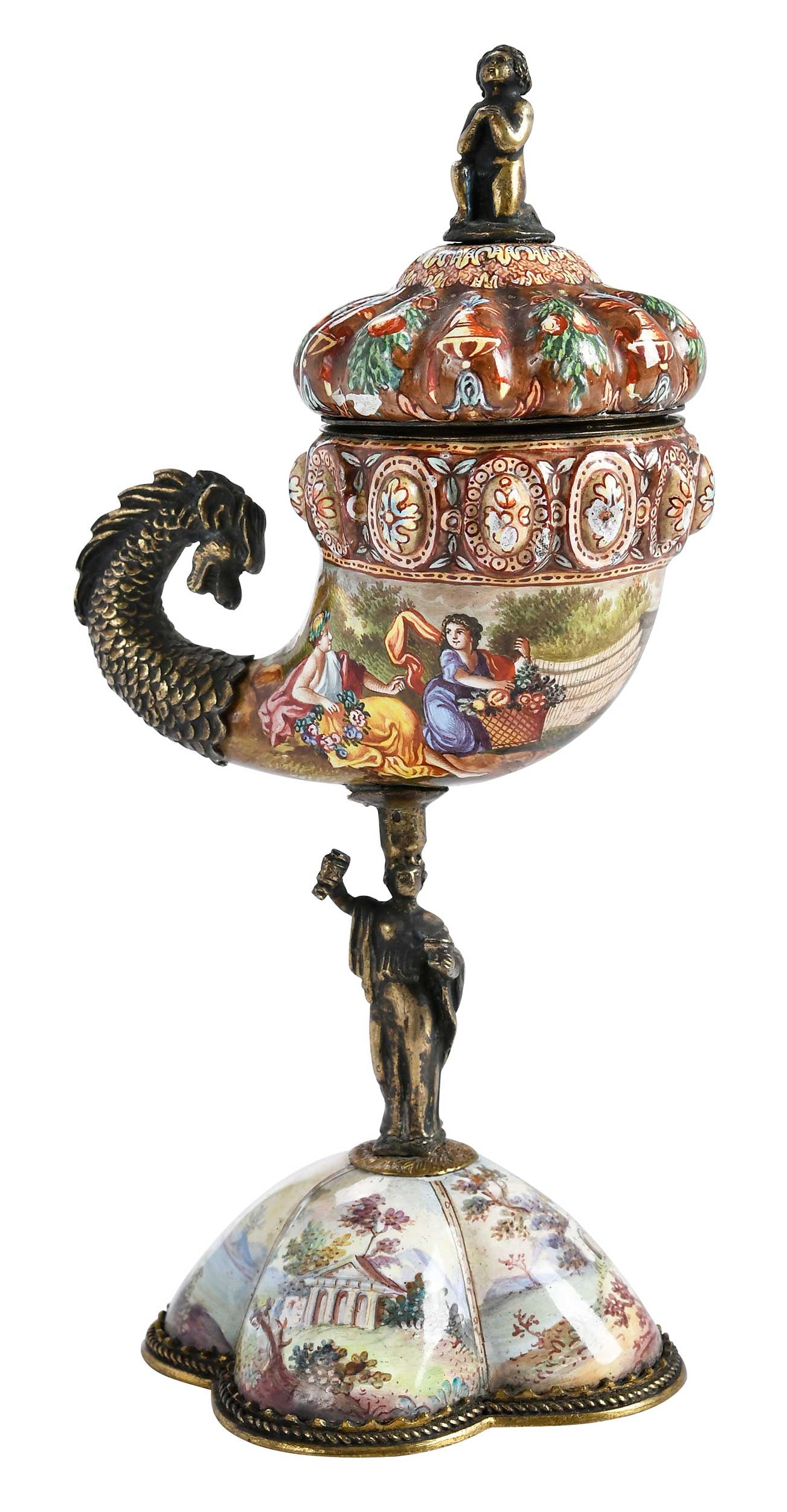 Viennese Silver and Enamel Cornucopia on Stand: late 19th century, lidded enameled cornucopia, neoclassical scenes, dragon tail, figural post, unmarked, 5-3/4 in. Provenance: Collection of Steve Stewart, Lake Lure, North Carolina
