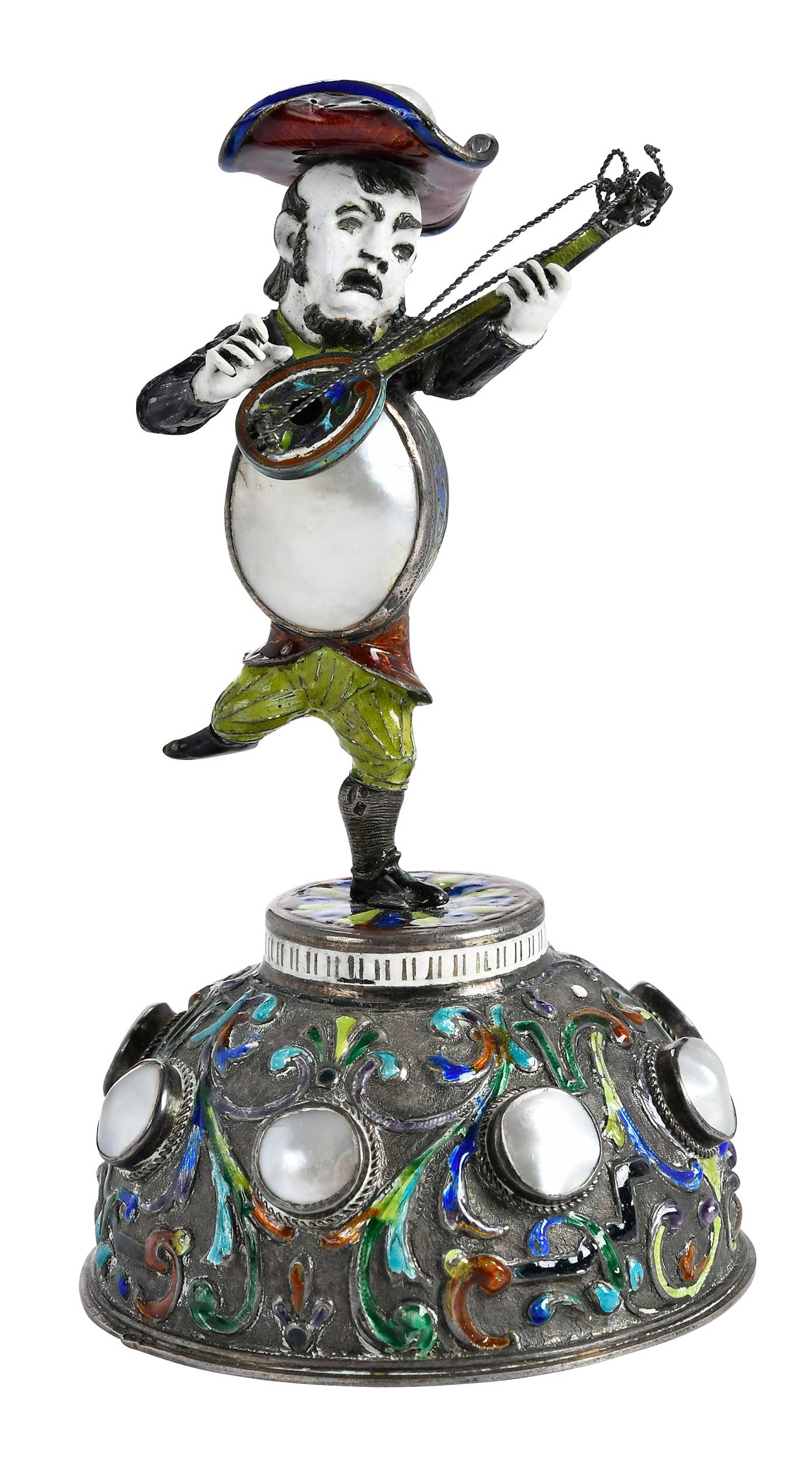 Viennese Silver, Enamel and Freshwater Pearl Musician: late 19th century, enamel dancing figure with instrument, dome base, freshwater pearl accents, 5 in. Provenance: Collection of Steve Stewart, Lake Lure, North Carolina