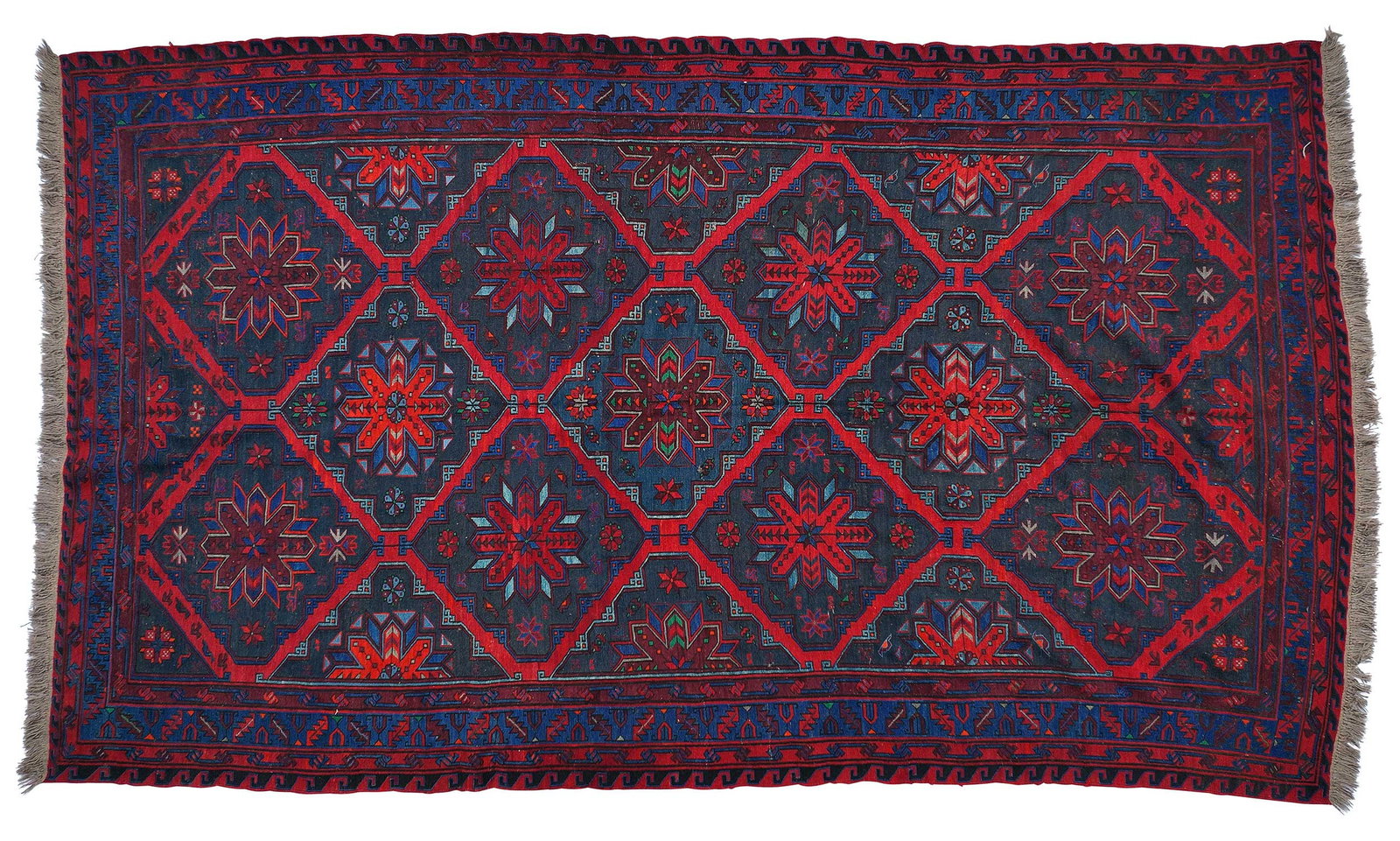 Soumak Gallery Carpet: first half 20th century, blue diamond medallions on red field, running dog and wine glass borders, 12 ft. 3 in. x 6 ft. 11 in. 