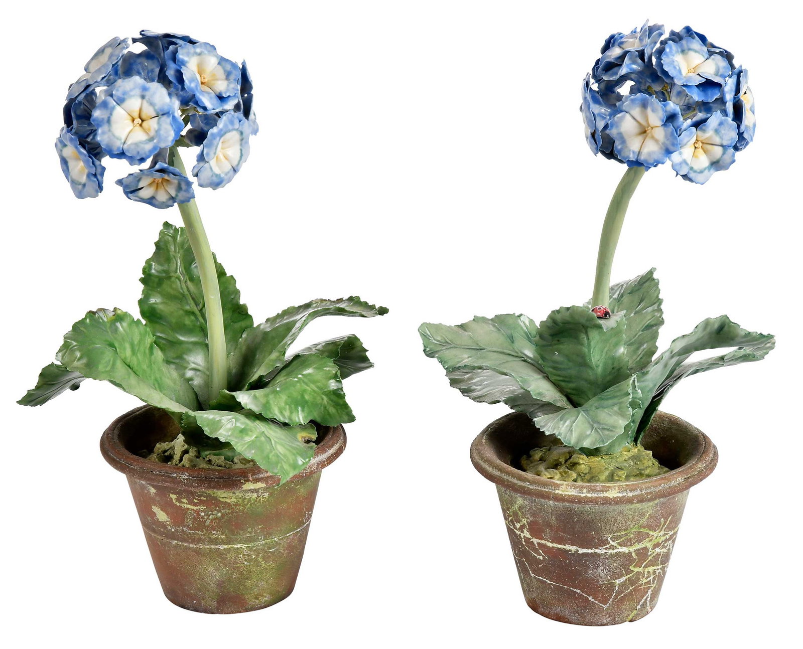 Pair of Vladimir Kanevsky Porcelain Potted Flowers: Ukrainian, 20th/21st century, porcelain and painted copper, signed "Vladimir" to undersides of pot bases, each approx. 8-7/8 x 5-1/2 x 5-1/2 in. Provenance: Private Florida Collection