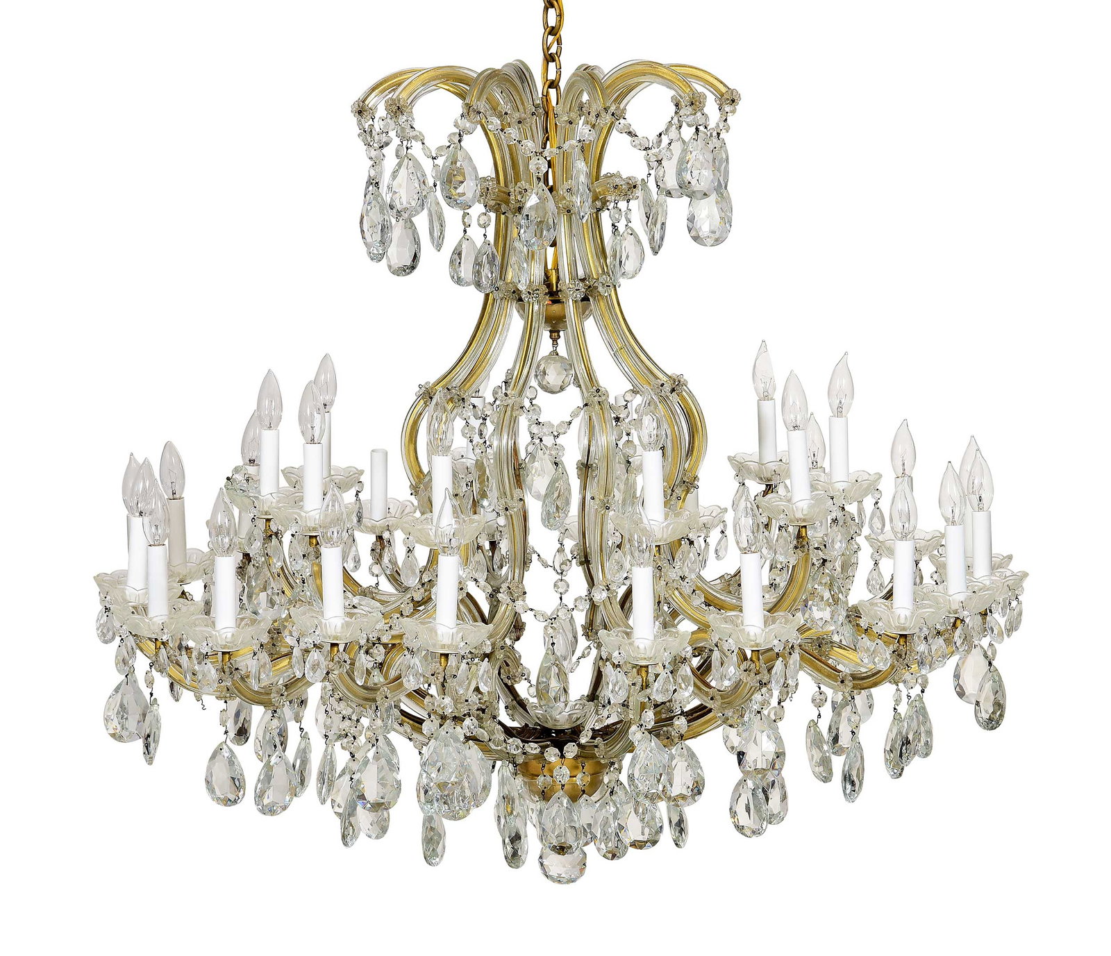 Monumental Maria Theresa Style 31 Light Chandelier: 20th century, 30 lights in clusters of three with one central light to lower body, hung throughout with lusters and strands, 39 x 43-1/2 x 43-1/2 in. Provenance: Private Collection