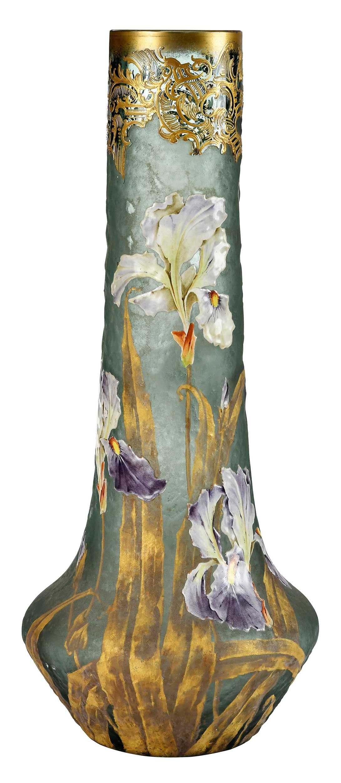 Large Legras & Cie Les Iris Glass Vase: French, early 20th century, remnants of Legras & Cie marks to base, 20-1/4 x 8 x 8 in. Provenance: Private Collection, Bristol, Tennessee