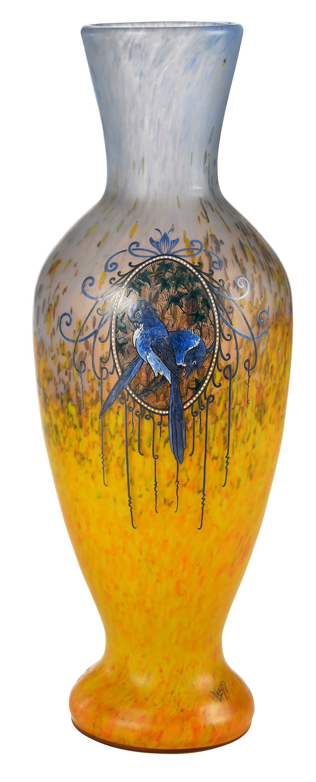 Legras & Cie Art Glass Baluster Vase: French, early 20th century, marked "Legras" on foot rim, cartouche centering a pair of birds, 21-1/2 x 7-3/4 x 7-3/4 in. Provenance: Private Collection, Bristol, Tennessee