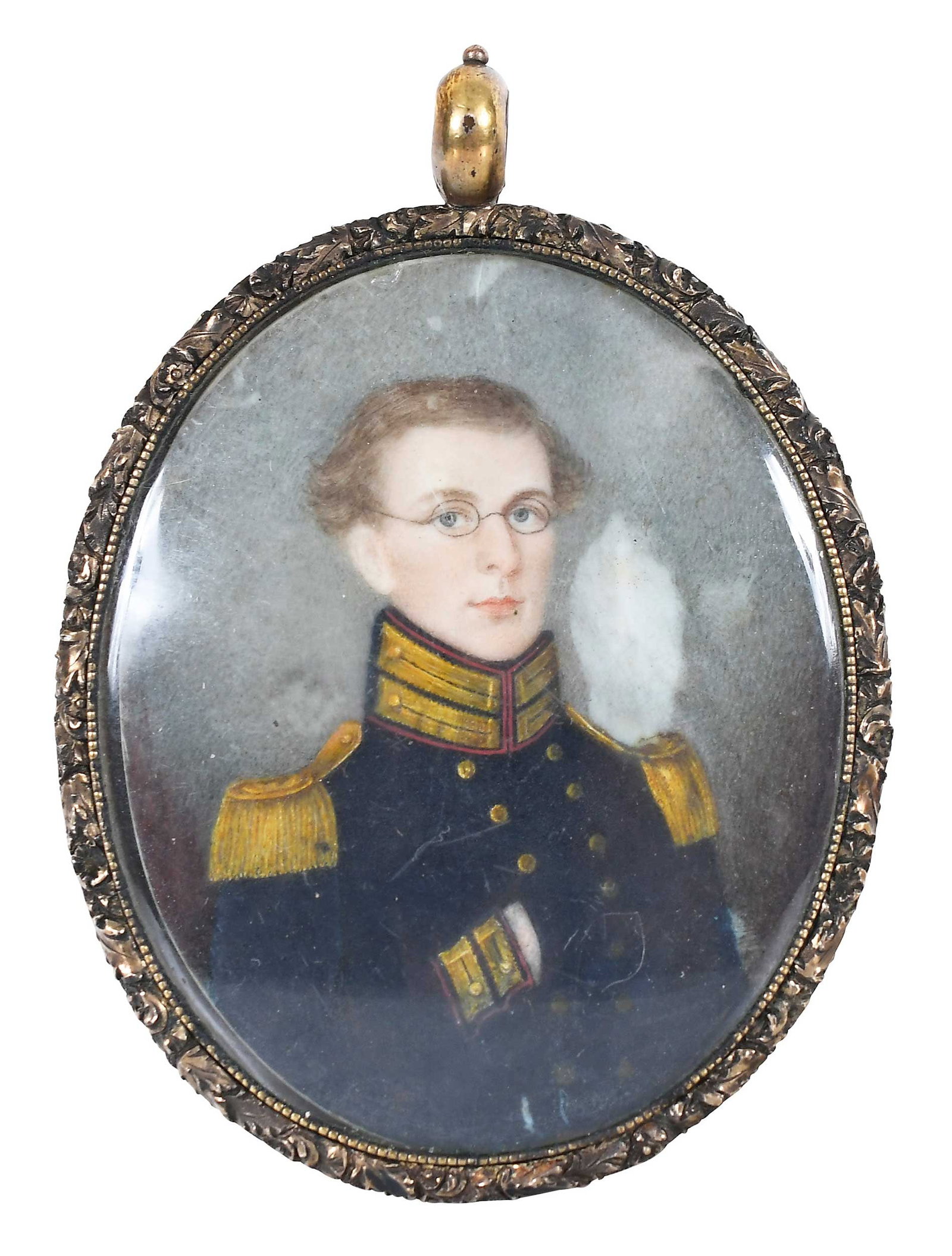 Portrait Miniature of an Army Officer: (American/British, 19th century) Soldier in Fancy Dress Uniform, not visibly signed, watercolor on ivory, sight 2-1/2 x 2 in.; original bezel frame, 3-1/8 x 2-1/4 x 3/8 in. Note: This lot contains ani