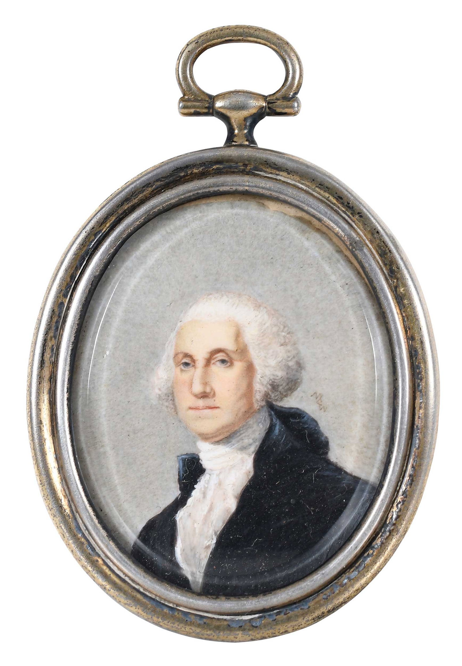 George Washington Portrait Miniature: (American/Continental, 19th century) George Washington, indecipherably signed, watercolor on ivory, 2 x 1-1/2 in. oval; original gilt silver frame, 2-5/8 x 2-1/8 in. Note: This lot contains animal or 
