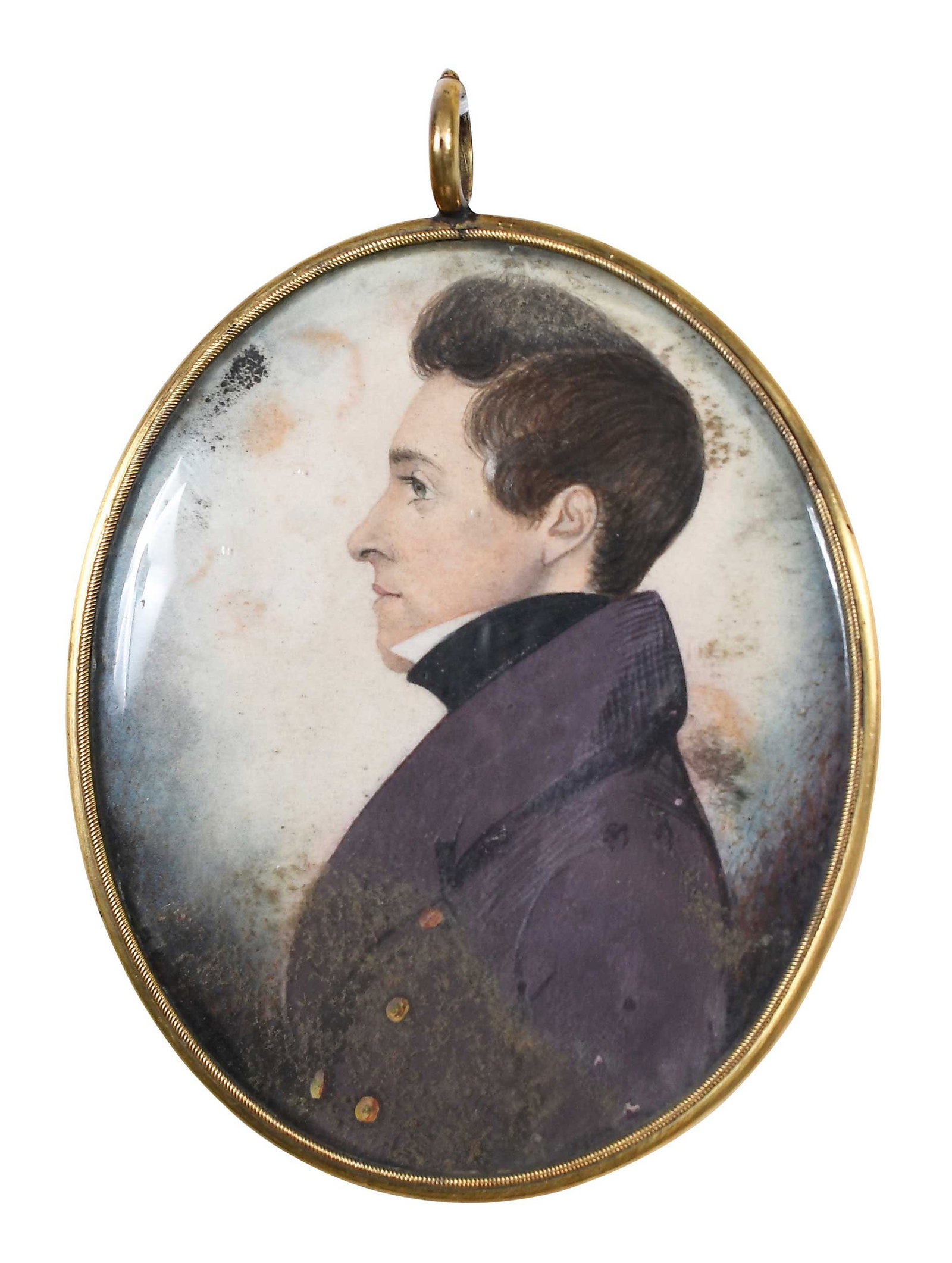 Portrait Miniature of a Gentleman: (American, 19th century) Gentleman in Purple Coat, not visibly signed, watercolor or pastel on paper, sight 2-5/8 x 2-1/8 in.; enclosed in original oval bezel frame, with window verso showing scrap of
