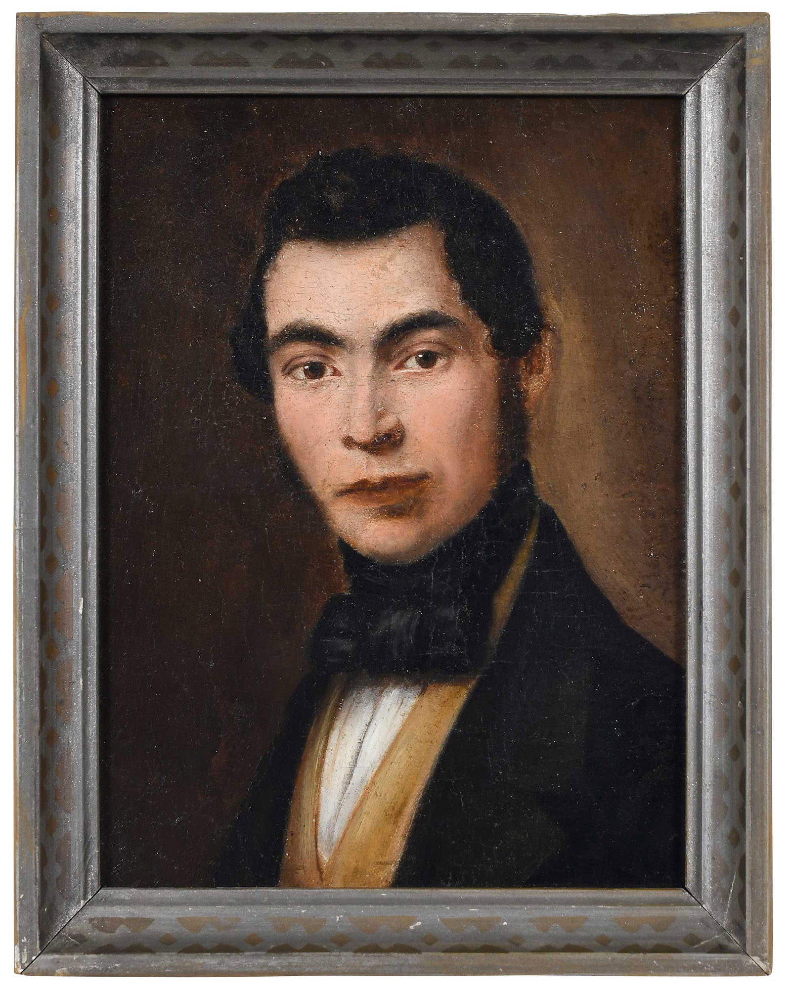 Manner of Henry Inman: (American/New York, 1801-1846) Portrait of Gentleman, inscribed verso "Henry Inman", oil on canvas, 8-1/8 x 6-1/8 in.; painted wood frame, 9 x 7 x 7/8 in. 