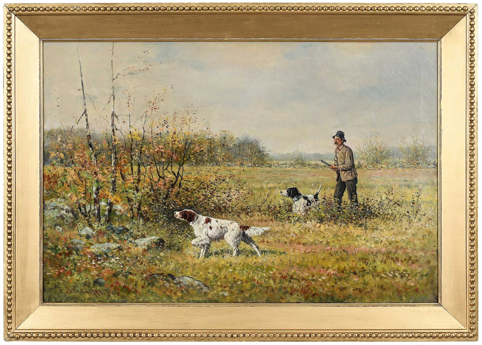 Edward E. Burrill: (American/Massachusetts, 1835-1913) English Setters, 1898, signed and dated lower left "E. Burrill /98", oil on canvas, 24 x 36-1/8 in.; period gilt wood frame, 30-1/2 x 42-1/2 x 2-1/4 in. &
