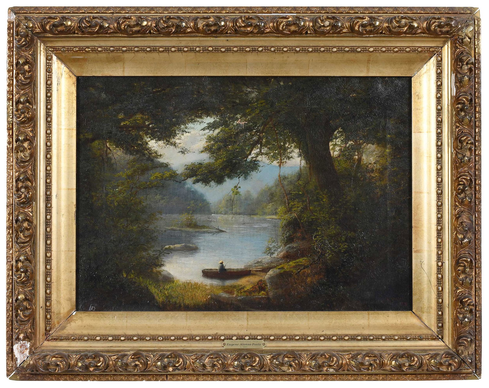Eugene Alonzo Poole: (American, 1841-1912) Fishing Near the Shore, signed and dated lower right "E.A. Poole 73", oil on canvas, 14-1/4 x 20-1/2 in.; original period gilt wood and composition frame, 21-1/2 x 27-1/2 x