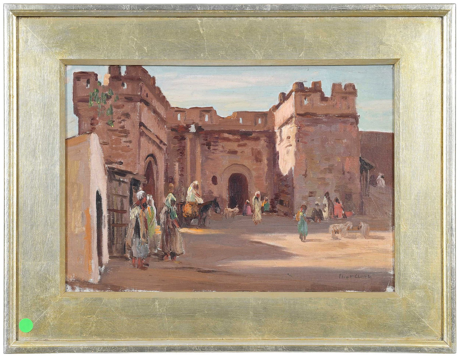 Eliot Candee Clark: (American, 1883-1980) Moroccan scene, signed lower right "Eliot Clark," estate stamp verso, oil on canvas, 12-1/2 x 18 in.; gilt wood frame, 18-1/4 x 23-3/4 x 1-5/8 in. Provenance: Estate of the