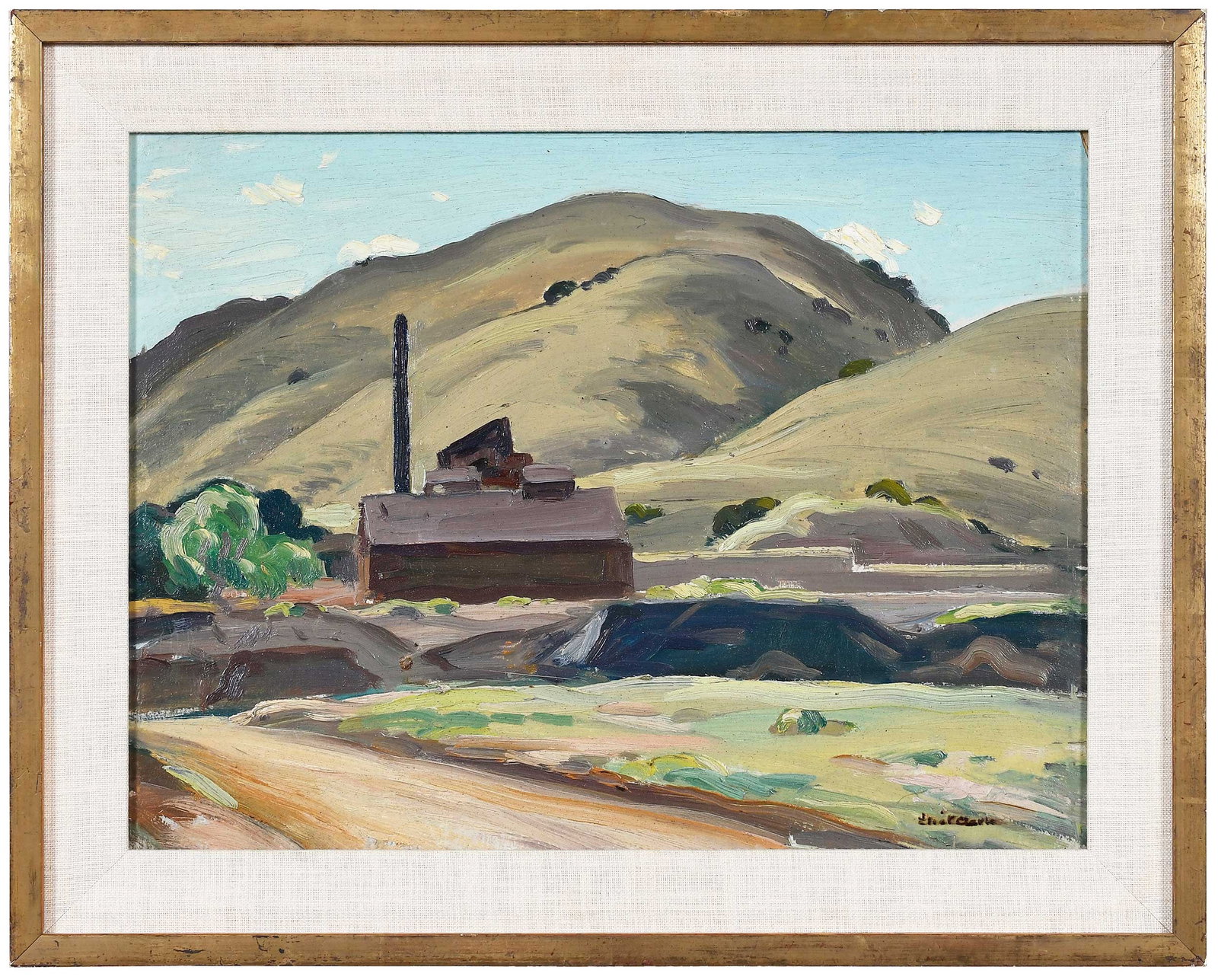 Eliot Candee Clark: (American, 1883-1980) California Factory, signed lower right "Eliot Clark," title and artist estate inscribed verso, oil on board, 12 x 15-7/8 in.; gilt wood frame, 15-1/4 x 19-1/4 x 1-1/2 in. Provena