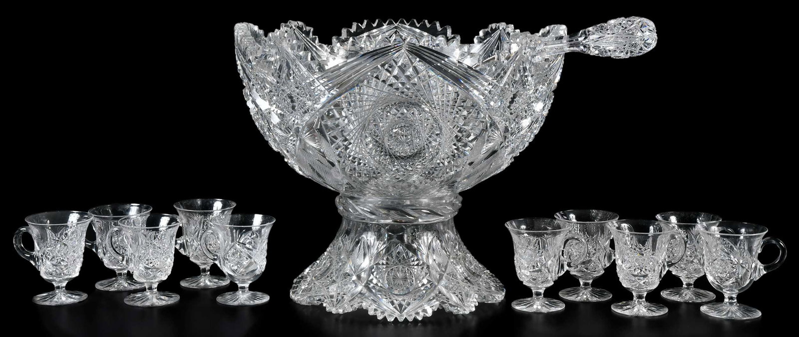 American Brilliant Period Cut Glass Punch Bowl, Ladle, Cups: American, late 19th/early 20th century punch bowl with stand, 10 footed punch cups, some marked "Clark" on foot, 3-1/2 x 3-3/8 x 2-3/4 in.; deeply cut punch bowl with stand, four large and four small 