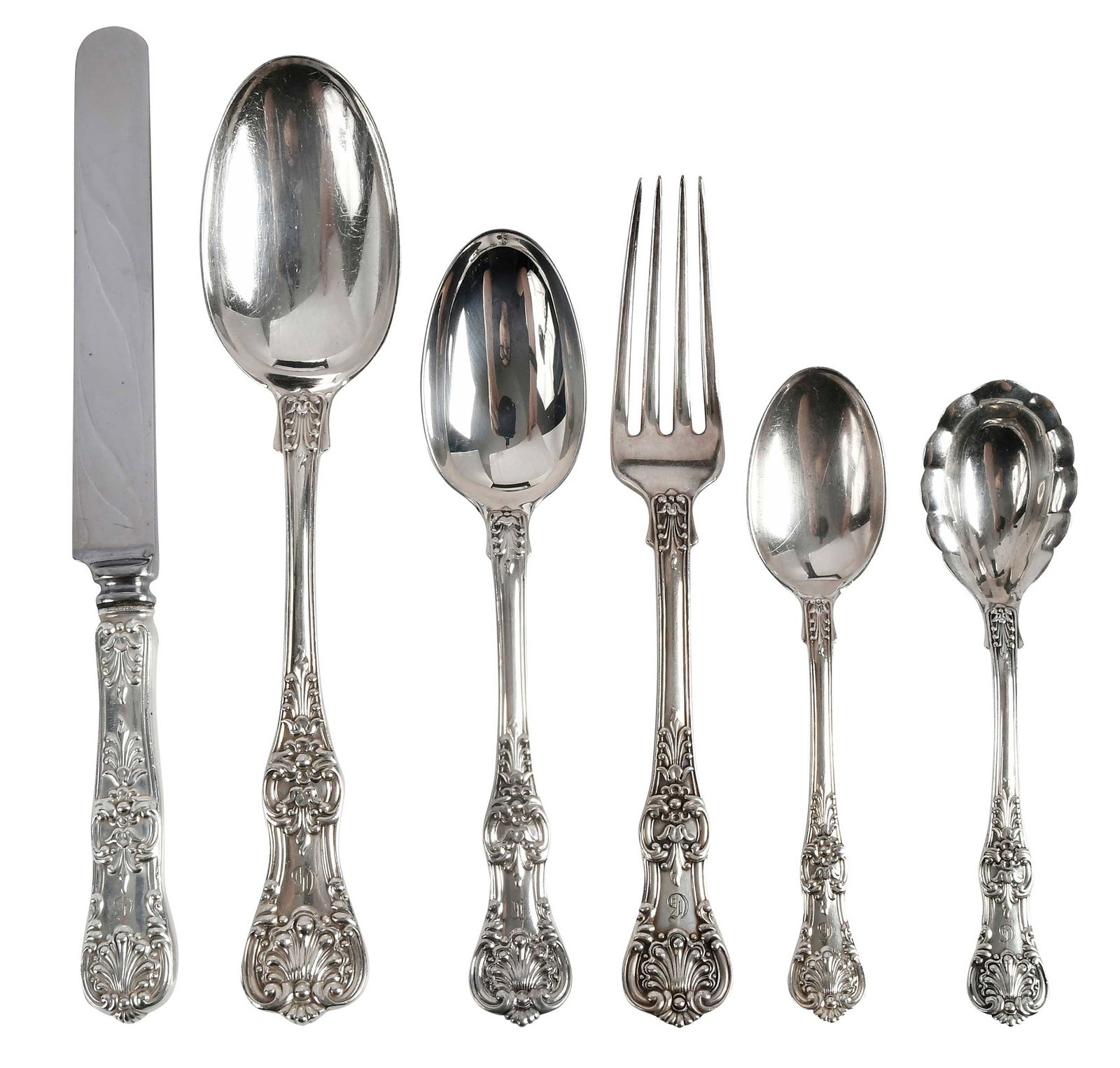 Tiffany English King Sterling Flatware, 61 Pieces: American, 20th century, including twelve hollow handle knives, two sizes; ten forks; twelve teaspoons; twelve oval soup spoons; six serving spoons; sugar spoon, marks for Tiffany & Co., 98.89 oz. T. e