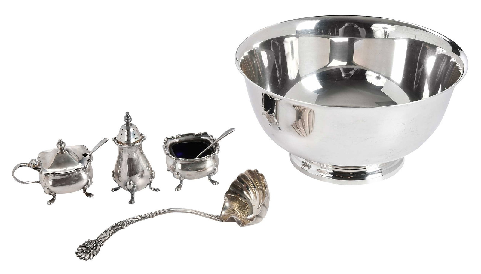Seven Pieces Tiffany Sterling Table Items: American, 20th century, including Revere style bowl, "23617", 4 x 7-3/4 in., with Tiffany bag; three piece condiment set with salt spoon and mustard ladle, blue glass liners, English silver made for T
