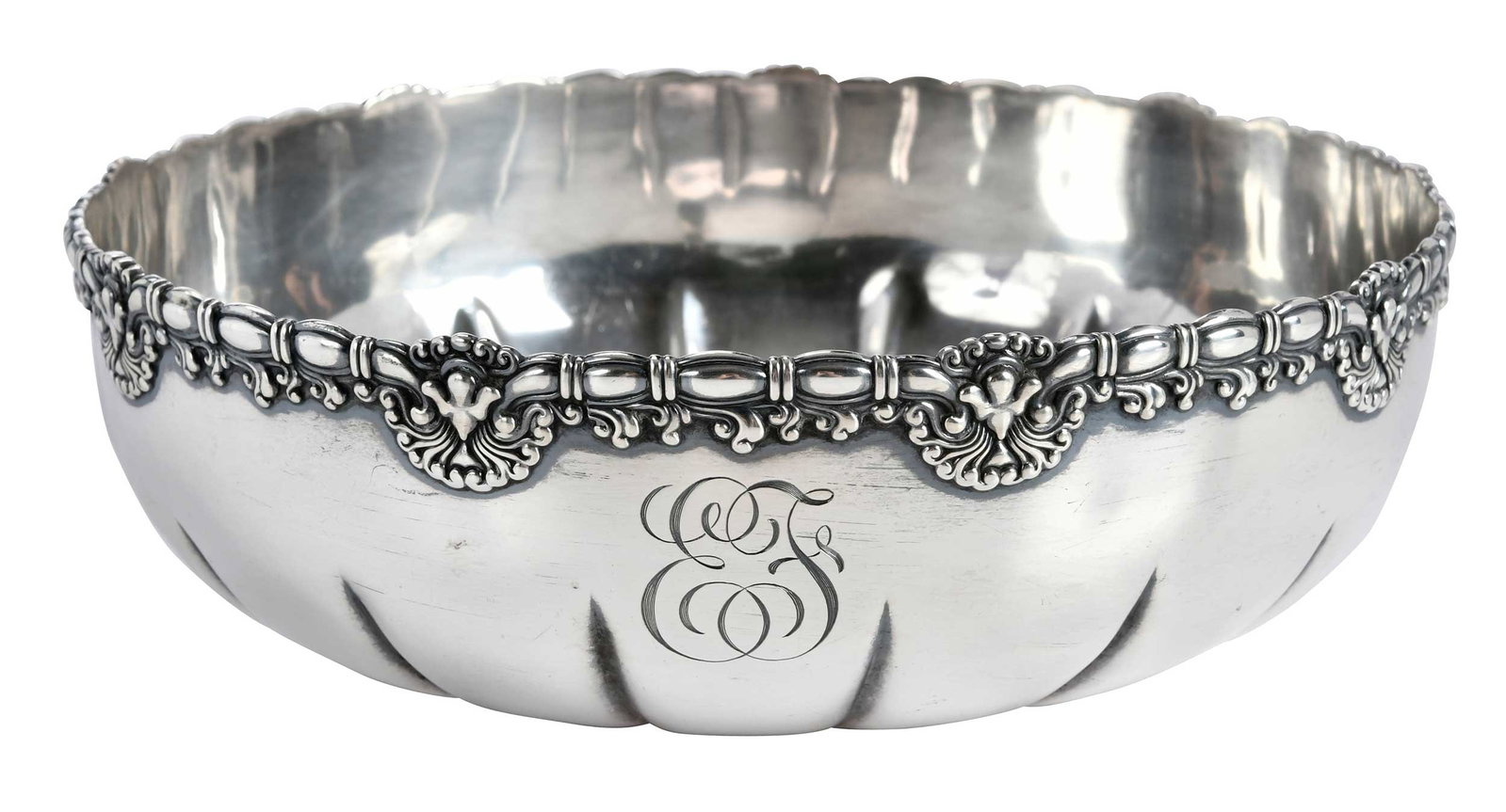 Tiffany Sterling Bowl, Governor's Inscription: American, 1892-1902, round with shell and wave band, inscribed on base "From/Governor & Mrs. John F. Hill/and the Governors Staff/April 16 - 1902", marks for Tiffany & Co., 18.07 oz. T., 2-3/4 x 8-1/2