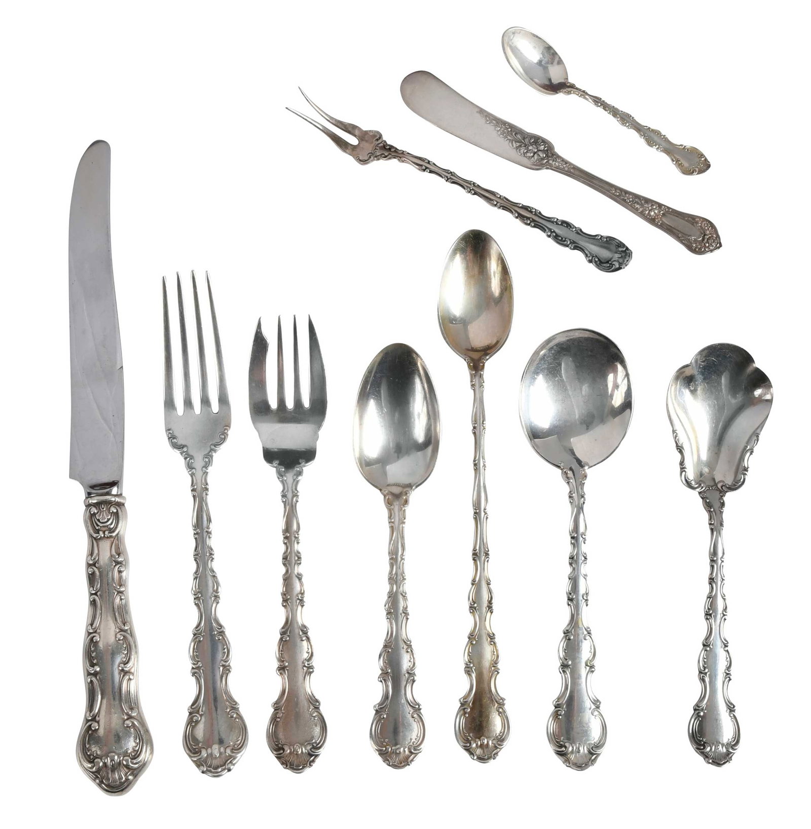 Gorham Strasbourg Sterling Flatware, 81 Pieces: American, 20th century, including five 9-3/8 in. hollow handle knives; nine 9 in. hollow handle knives; nine forks; sixteen salad forks; nineteen teaspoons; six round soup spoons; two solid handle spr