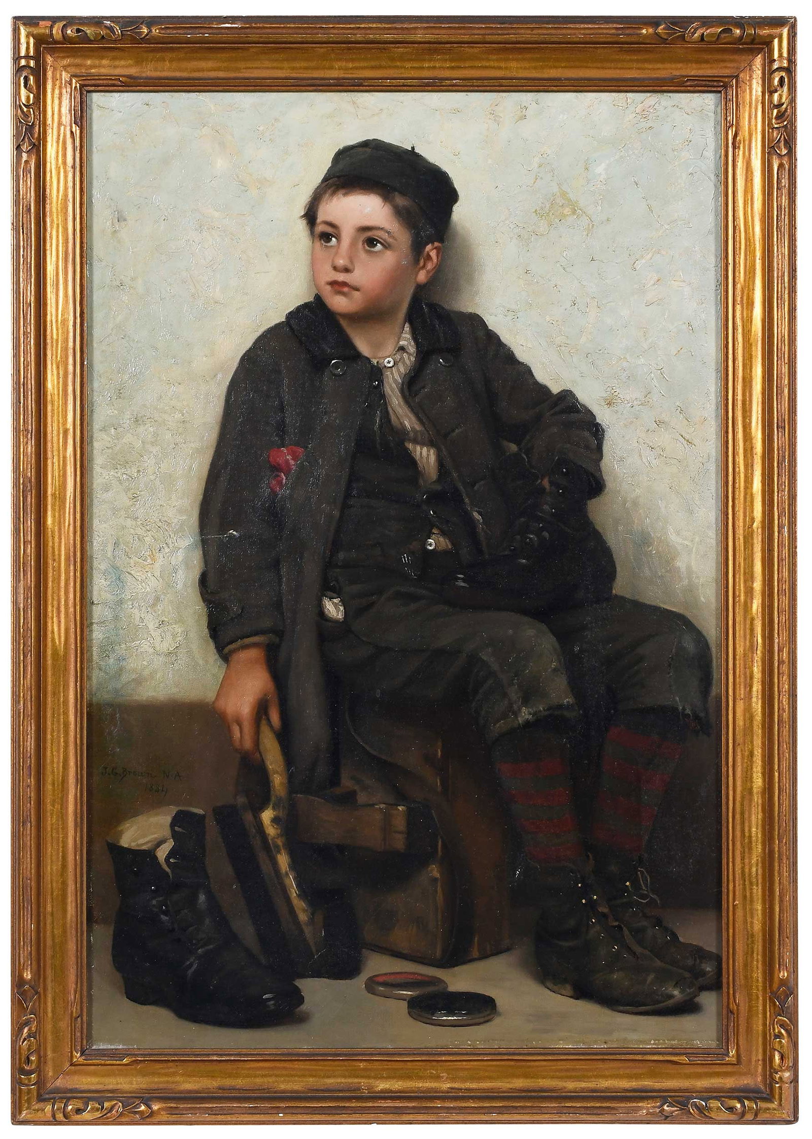 John George Brown: (English/America, 1831-1913) Bootblack, 1884, signed and dated middle left "J.G. Brown N.A. 1884", bears old label with title verso, oil on canvas, 24 x 16 in.; gilt wood frame, 27-1/4 x 19-1/4 x 1-1/