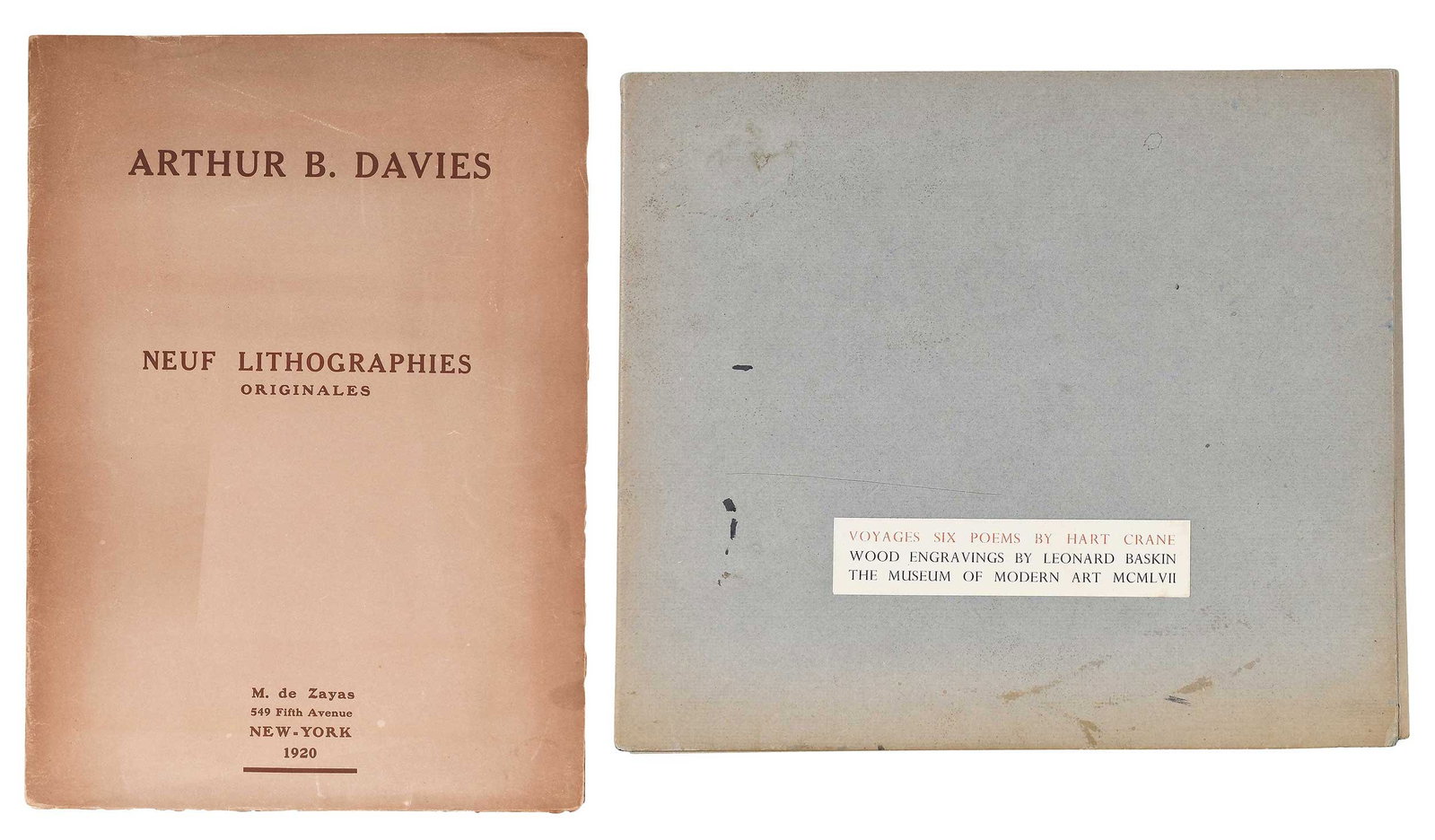 Two Published Artist's Folios, Arthur Davies, Leonard Baskin: Voyages, Six Poems by Hart Crane, Wood Engravings by Leonard Baskin, New York/Massachusetts: The Museum of Modern Art with The Gehenna Press, 1957, numbered 94/975 at limitations page, sewn paper wrap
