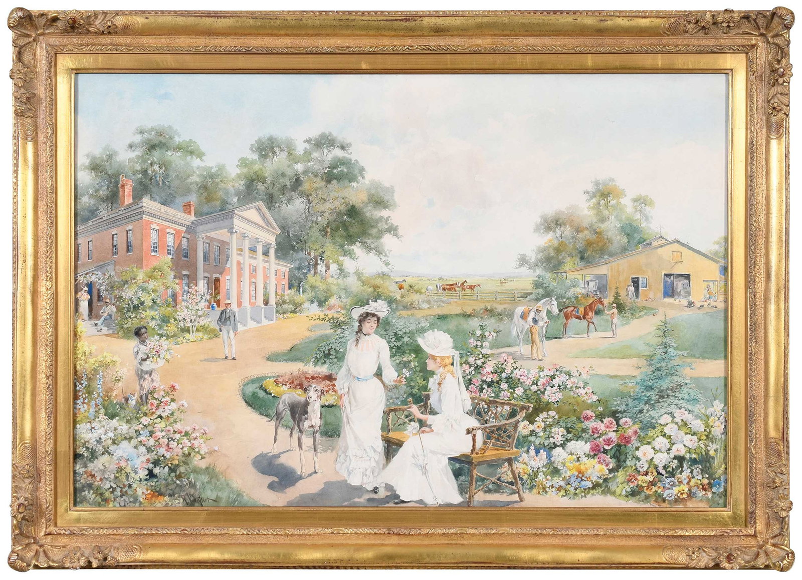 Richard Veenfliet: (American/German, 1843-1922) My Old Kentucky Home, signed lower left "R. Veenfliet," watercolor on paper, 19-5/8 x 29-3/8 in.; gilt wood frame, 24-3/4 x 34-5/8 x 2-1/4 in. 
