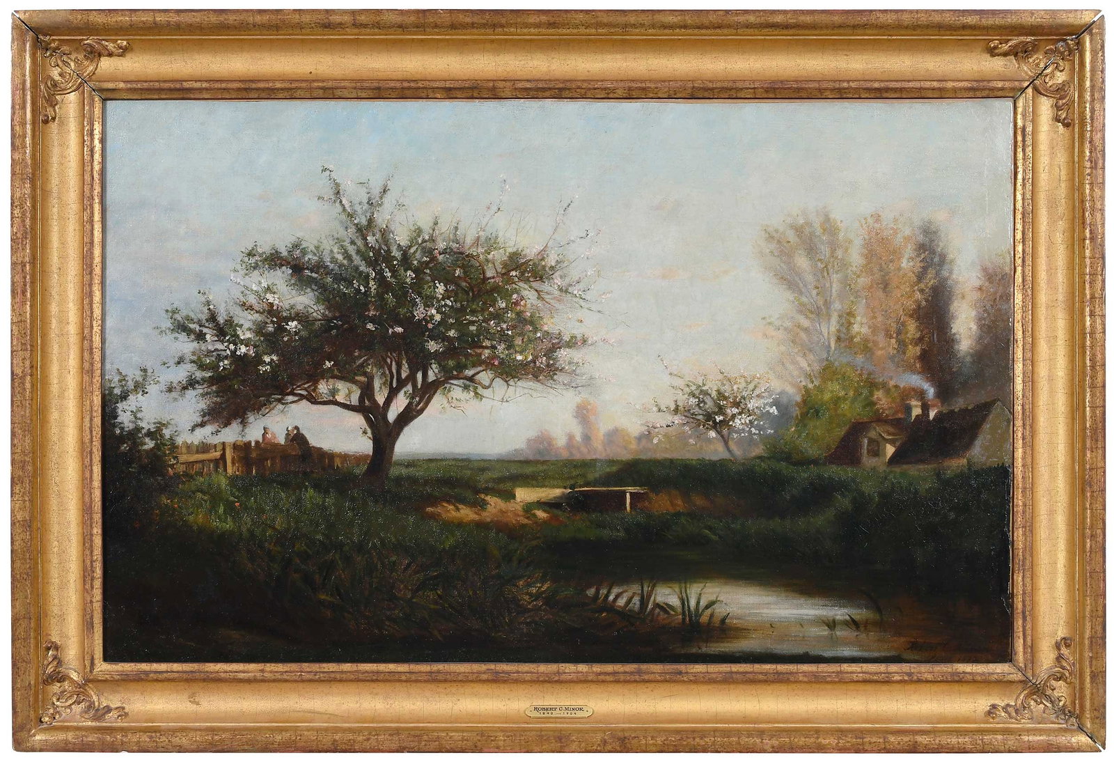 Robert Crannell Minor: (American, 1839-1904) Spring in the Countryside, 1872, signed and dated lower right "Robert C Minor Paris 1872", oil on canvas, 22 x 35 in.; fine reproduction gilt wood frame, 28 x 41-1/8 x 2-1/4 in.