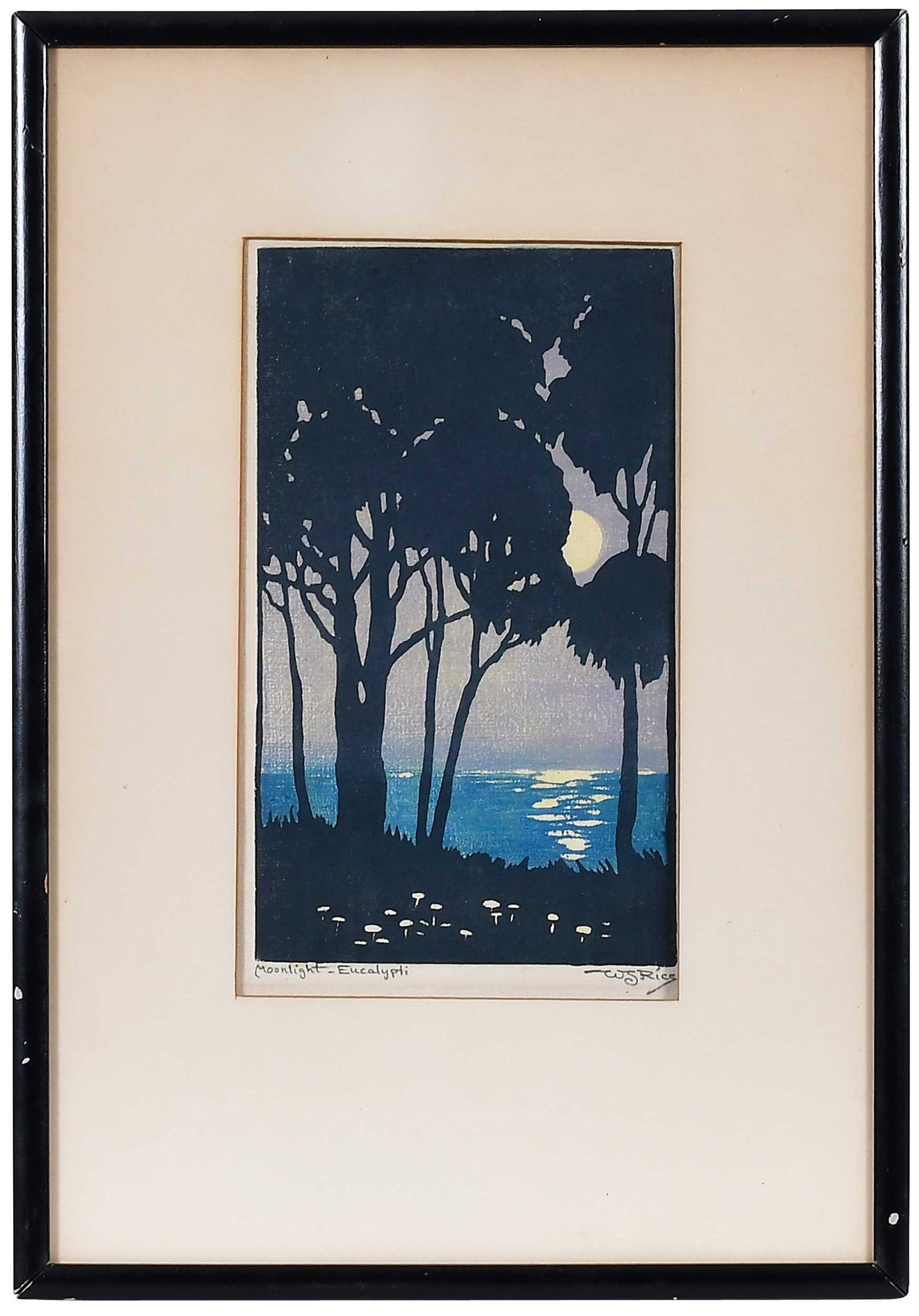 William Seltzer Rice: (American, 1873-1963) Moonlight-Eucalypti, 1920, signed lower right "W.S. Rice" and titled lower left, color woodblock on laid paper, image 10 x 5-5/8 in., sheet 14-1/4 x 8-1/8 in.; original black pai