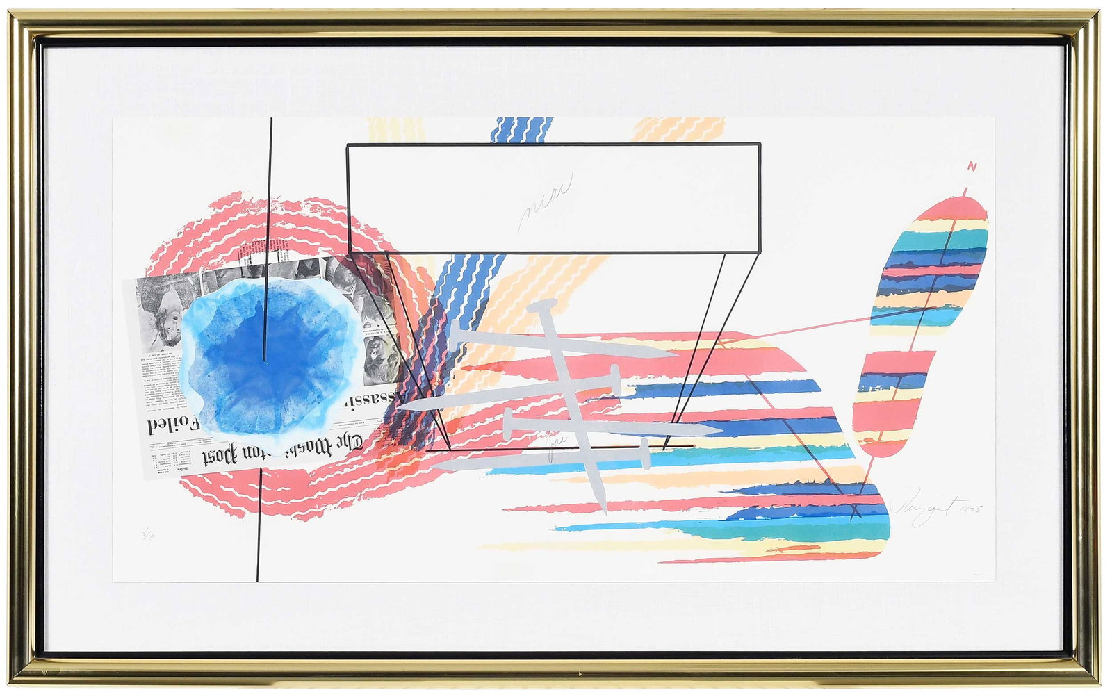 James Rosenquist: (American, 1933-2017) Near and Far, 1975, edition 25/150, signed and dated lower right "Rosenquist 1975", color lithograph, offset lithograph, pencil, on cream wove paper, sight 19 x 36-1/8 in.; moder