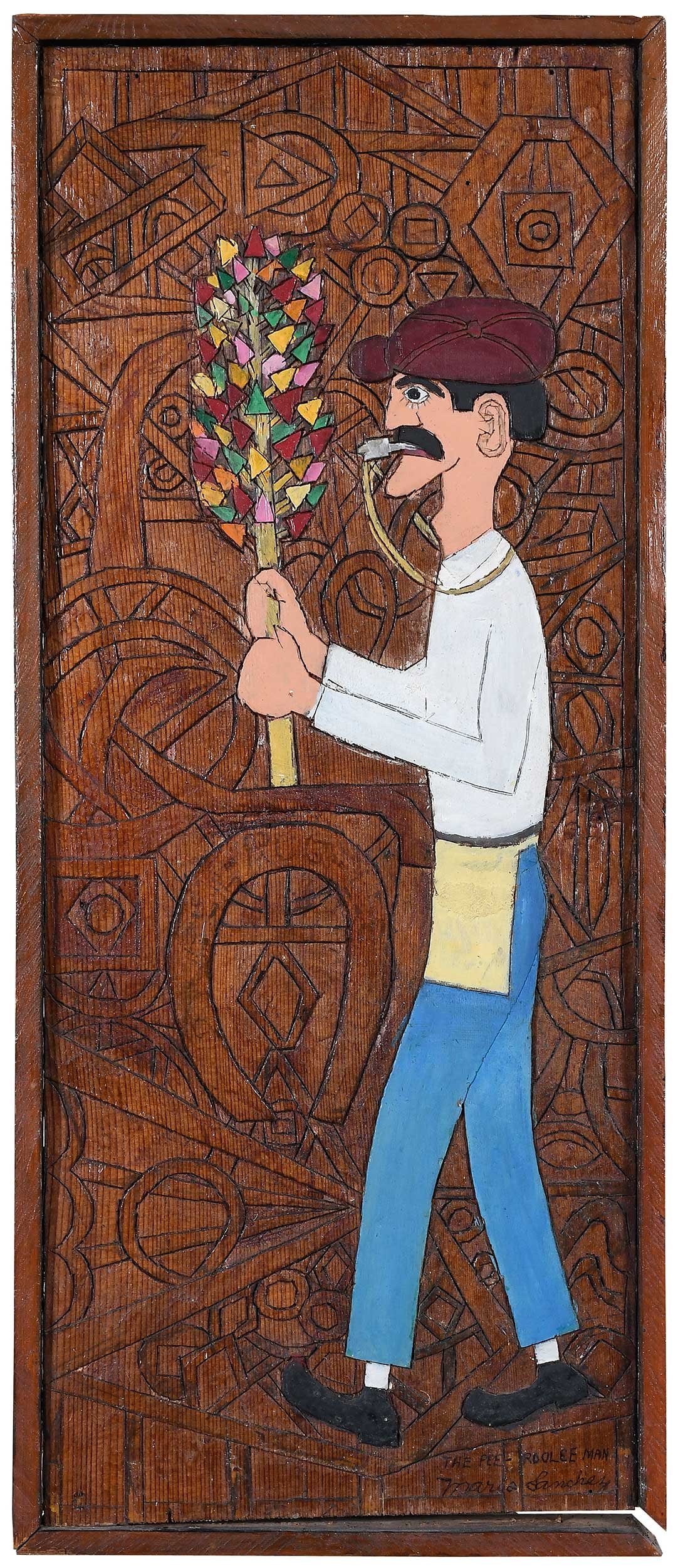 Two Sided Mario Sanchez: (Cuban-American, 1908-2005) Pee-Roo-Lee Man and Polka Dots, double sided, Pee-Roo-Lee-Man recto and completed, Polka Dots verso and unfinished, 1974, signed and titled lower right recto "The Pee-Roole