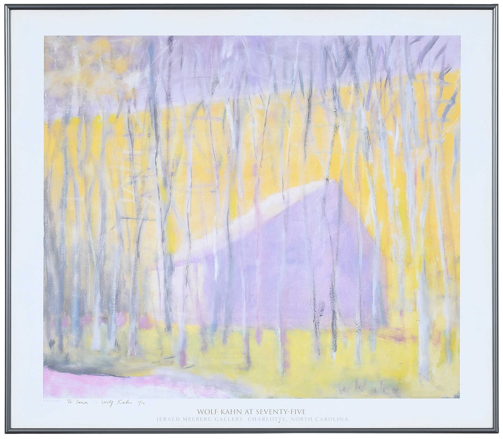 Signed Wolf Kahn Exhibition Poster, The Salt Barn: (Vermont/German, 1927-2020) For the exhibition Wolf Kahn at Seventy-Five, Jerald Melberg Gallery, Charlotte, North Carolina; featuring Saltbox Barn, 2002, signed and inscribed in ink lower left "To La