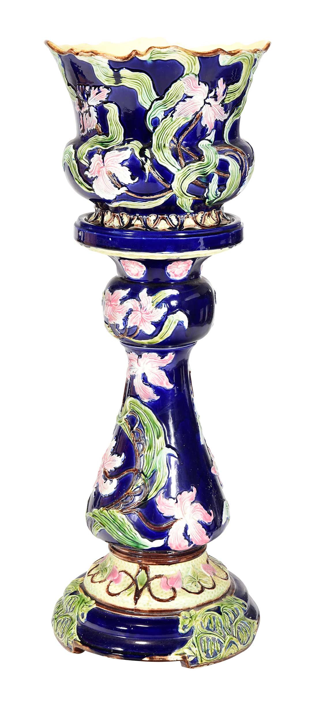 American Oxford Pottery Co. Majolica Floral Motif Jardiniere on Stand (1 of 9)