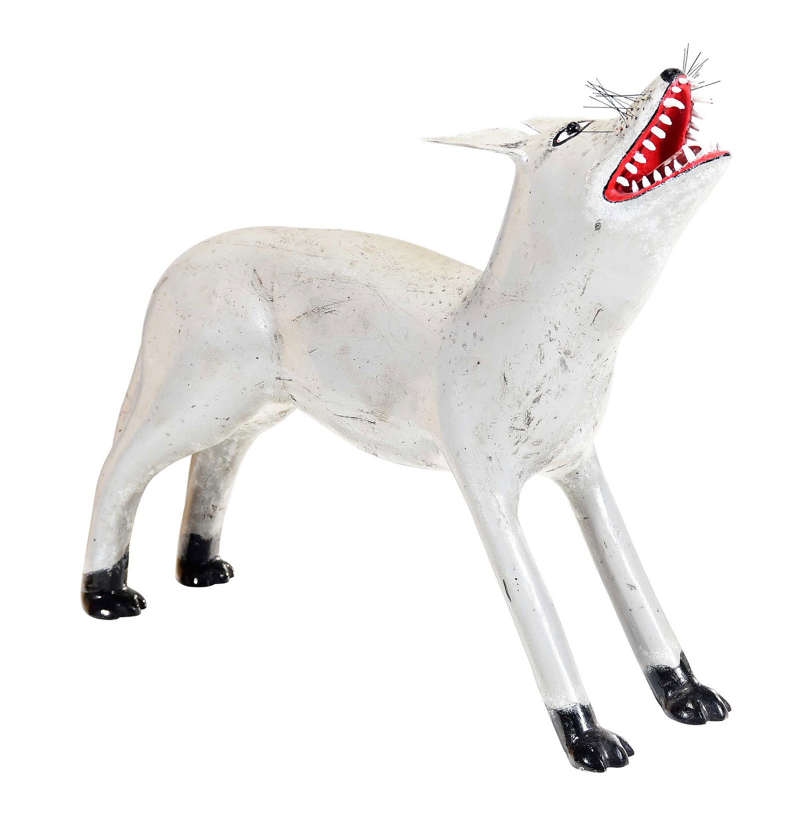 Large Larry Ballard Chicago, Illinois Carved Wooden Dog: contemporary, grey and black paint to body, white painted carved teeth, red painted mouth and tongue, bristle whiskers, black and white painted eyes, "1994 BALLARD 54" carved into leg, 35 x 26 in. Pro
