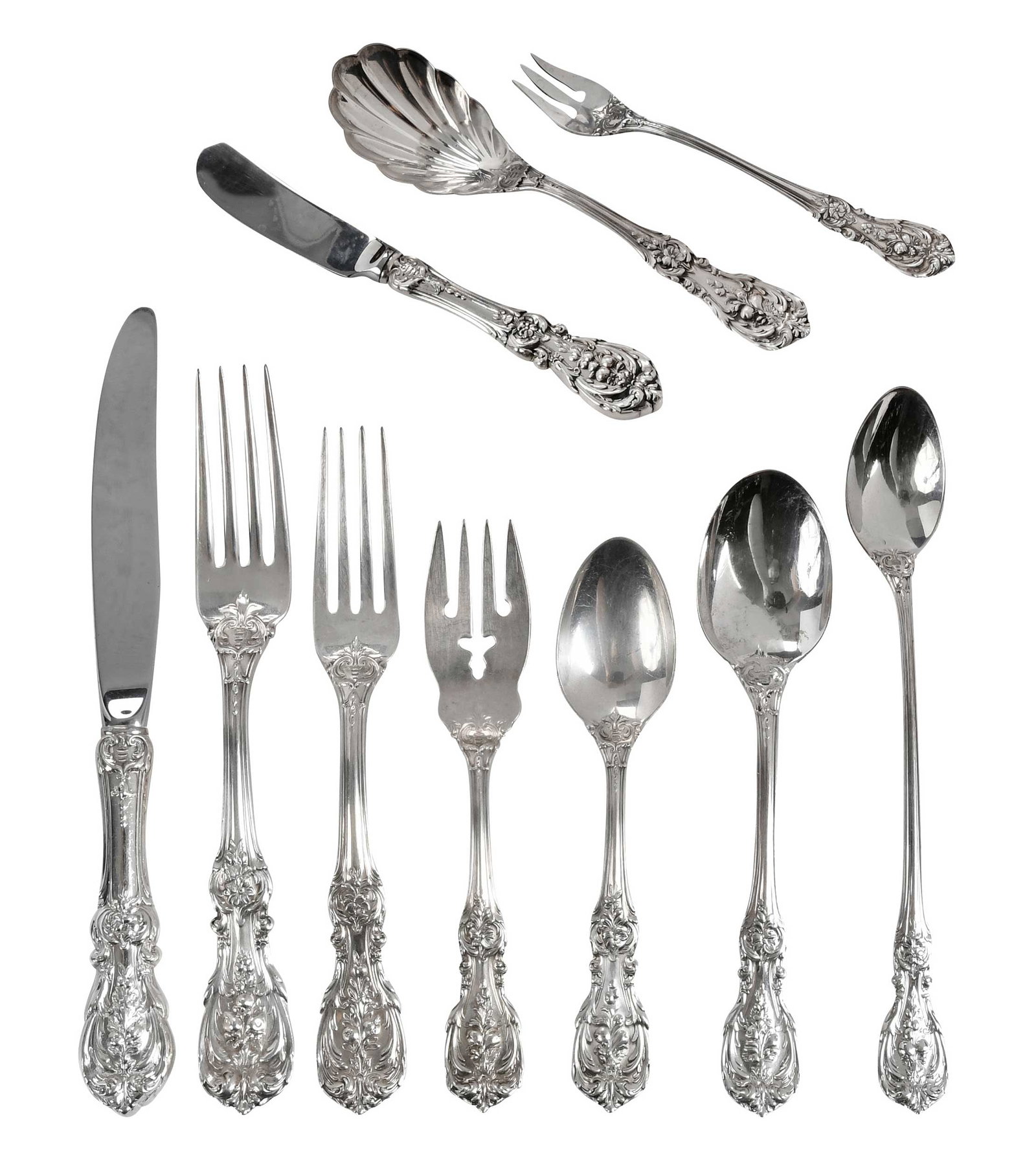 Reed & Barton Francis I Sterling Flatware, 116 Pieces: American, 20th century, including sixteen hollow handle knives, various sizes; six dinner forks; fifteen luncheon forks; sixteen salad forks; nineteen teaspoons; six oval soup spoons; ten ice tea spoo