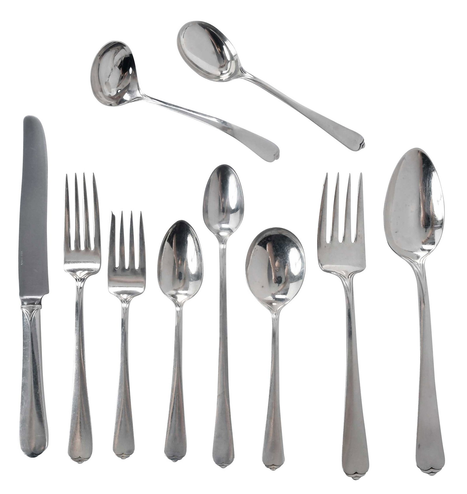 Wallace Lotus Sterling Flatware, 79 Pieces: American, 20th century, including seven hollow handle knives; eight forks; ten forks; eighteen teaspoons; six round soup spoons; twelve ice tea spoons; two round soup spoons, large; oval soup spoon; t