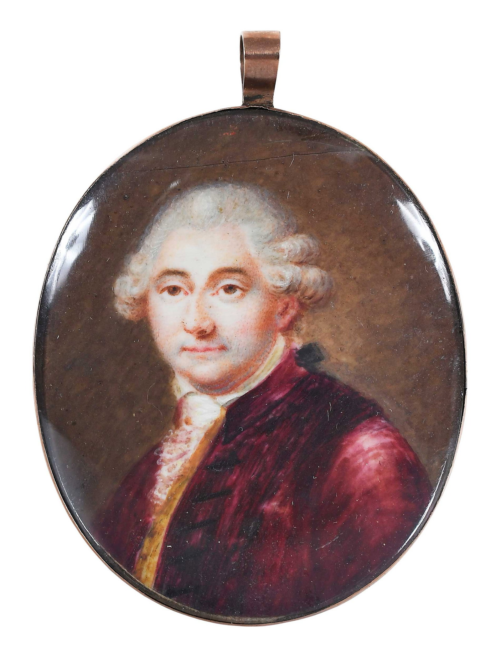 Portrait Miniature of Colonel Austin Fauntleroy Brockenbraugh (1738-1810): (American/Virginia, 18th century) Portrait, not visibly signed, watercolor on ivory, window verso with hair weaving and monogram, sight, 2-1/8 x 1-3/4 in.; gilt bezel frame, 2-1/2 x 1-3/4 x 1/4 in. Li