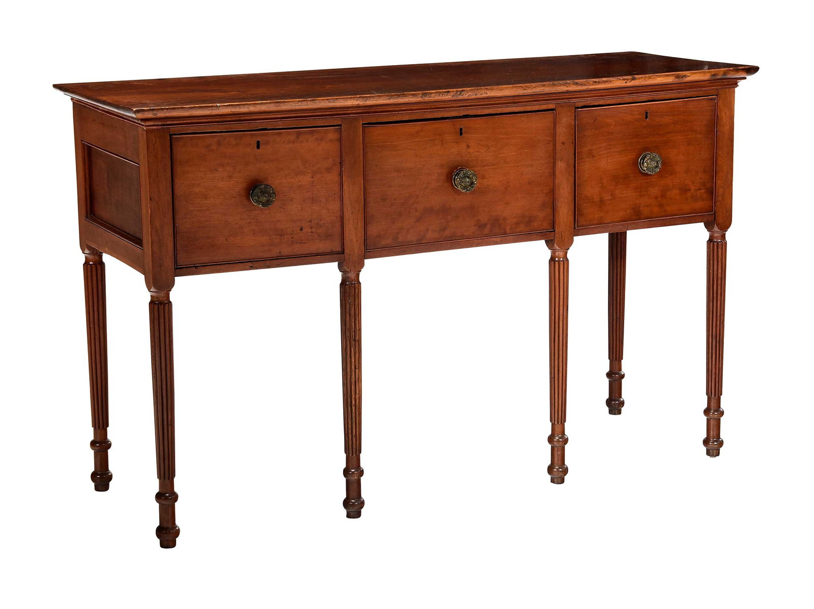 Tennessee Federal Cherry Sideboard, Sumpter Priddy Provenance: attributed to Greeneville, circa 1825, sideboard or huntboard, top with thick molded edge, three roomy dovetailed drawers with beaded edges, paneled sides, round tapered reeded legs with double
