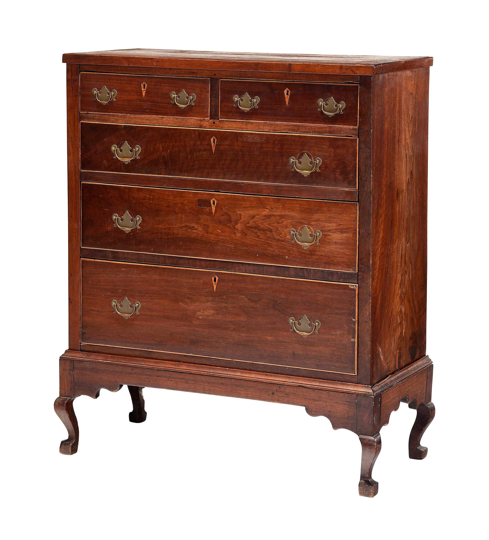 Southern Chippendale Inlaid and Figured Mahogany Chest on Frame: attributed to North Carolina, late 18th/early 19th century, dovetailed construction, two over three graduated drawers with kite inlaid escutcheons and trim to edges, frame with shaped apron and short
