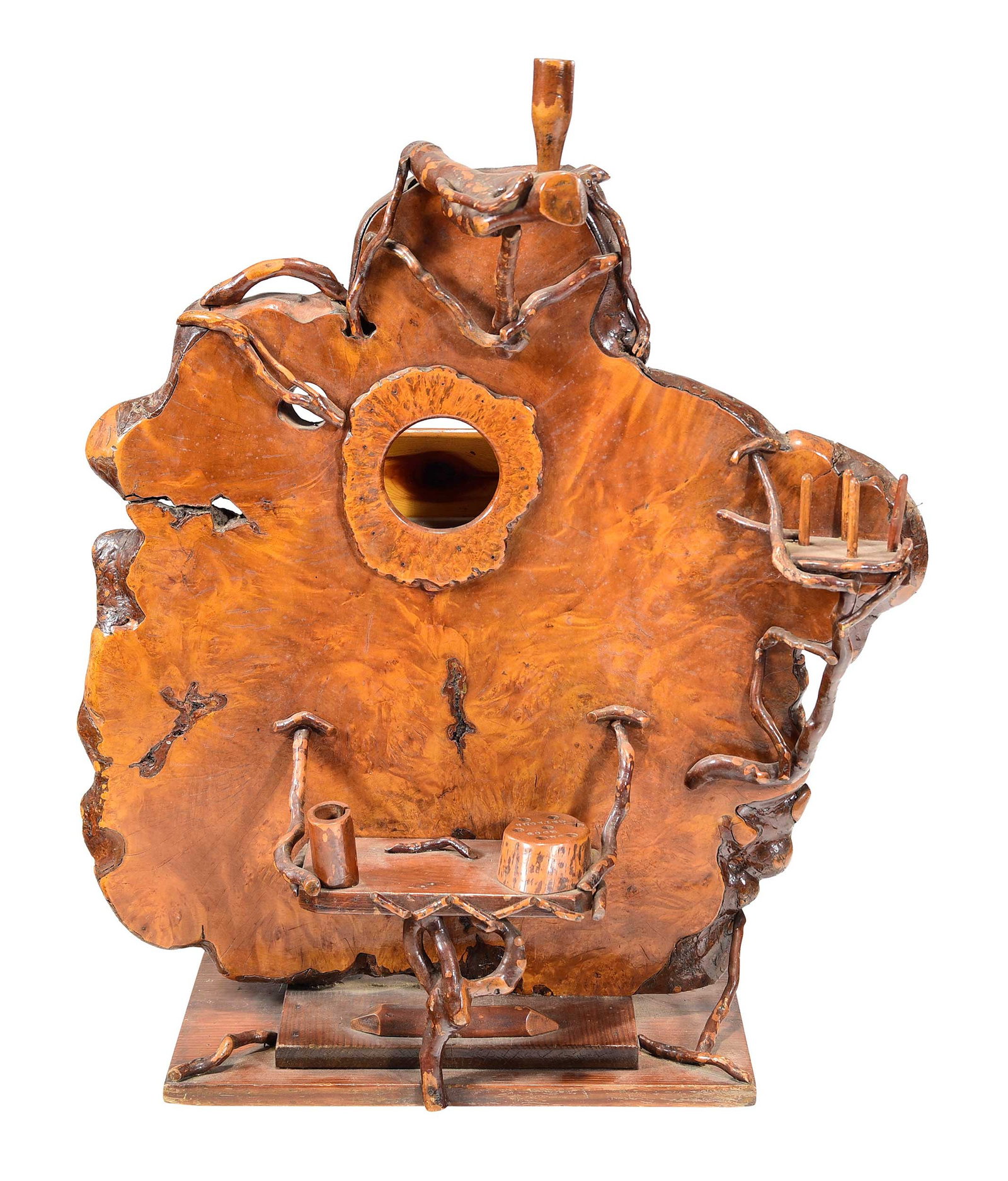Large Blowing Rock Burlwood and Twig Clock Hutch: North Carolina, 20th century, stamped "Blowing Rock NC", 32-1/2 x 27 x 11-1/2 in. Provenance: Private Collection, Wilmington, North Carolina