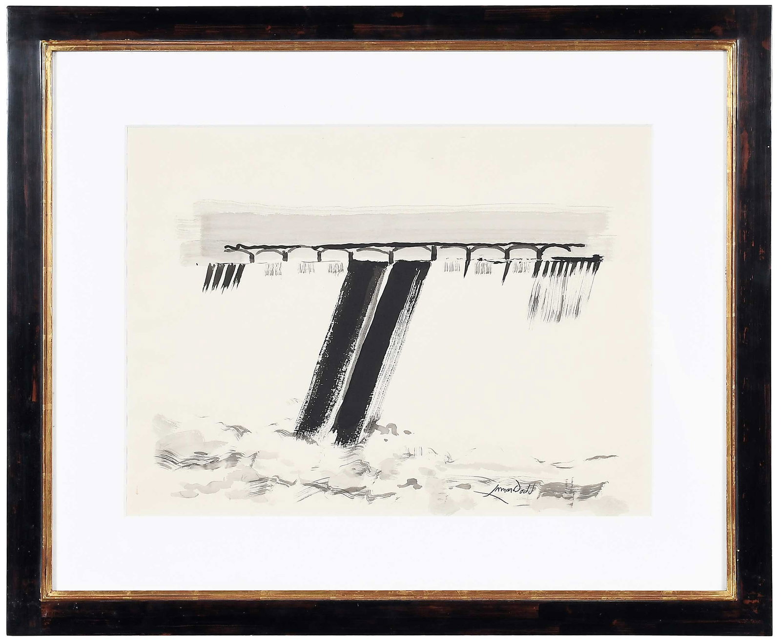 Lamar Dodd: (American/Georgia, 1909-1996) Drought Relief, Coulee Dam, signed lower right "Lamar Dodd," title inscribed verso, watercolor on paper, sight 17 x 23 in.; gilt wood frame, 27-1/2 in x 33-1/2 in x 5/8
