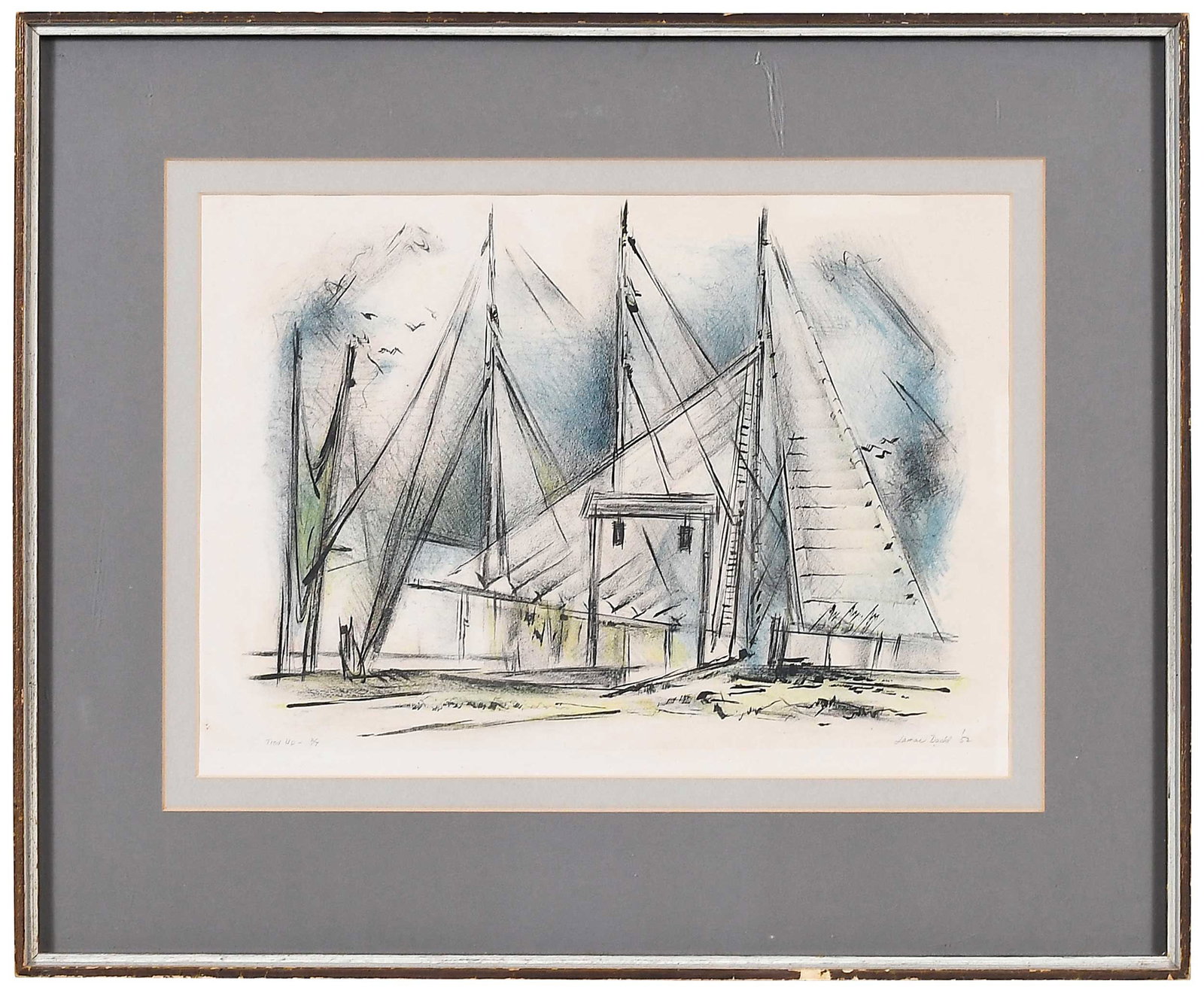 Lamar Dodd: (American/Georgia, 1909-1996) Tied Up, 1952, edition 2/7, signed and dated lower right "Lamar Dodd '52," titled and editioned lower left, colored lithograph on paper, sight 13-1/8 x 18-3/8 in.; wood f