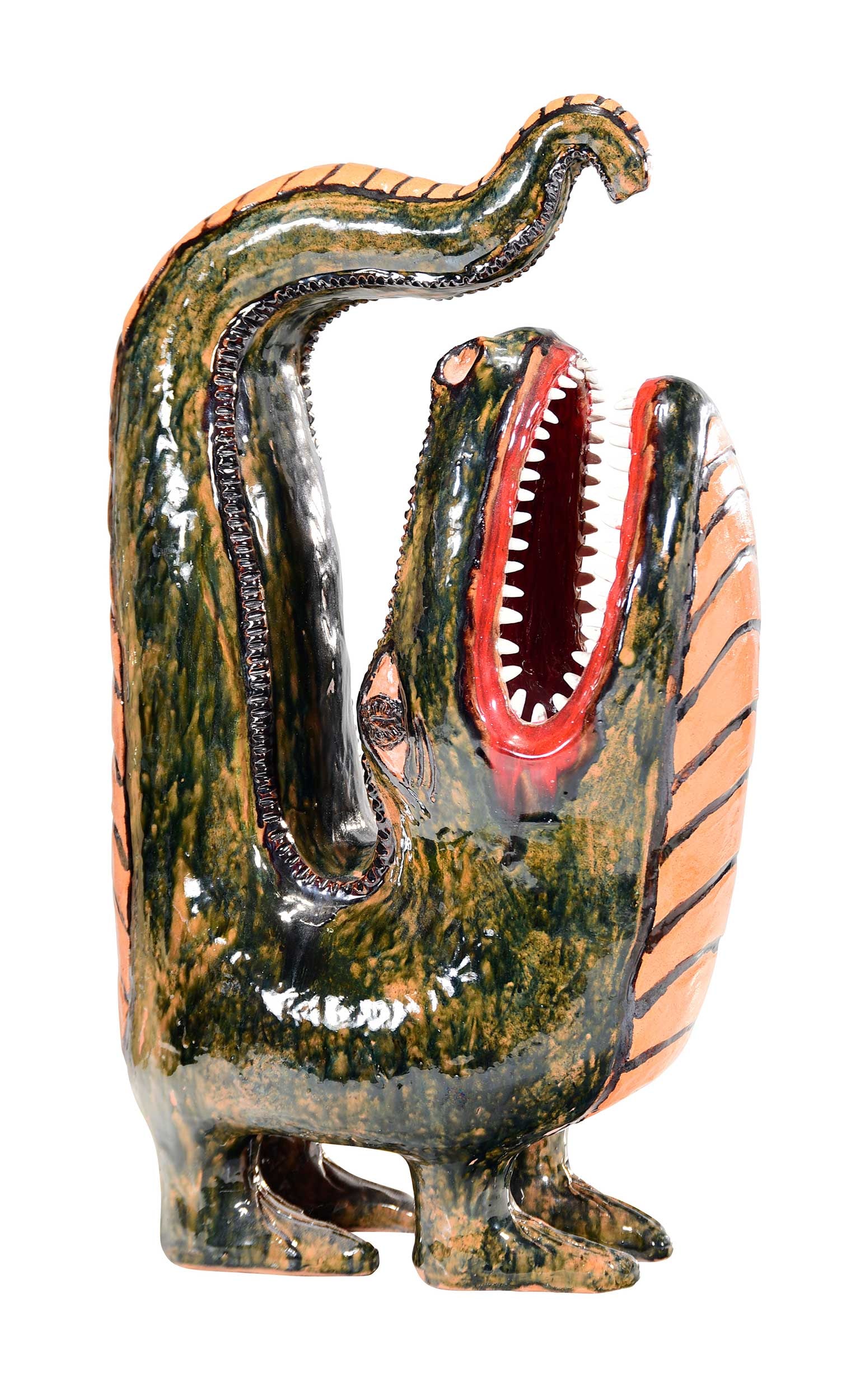 Rare Monumental Billy Ray Hussey North Carolina Folk Pottery Alligator: Bennett, North Carolina, contemporary, monumental form with upturned head and tail, green, brown and red glazes, sixty five white glazed teeth in mouth, articulated belly scales, impressed brown scale