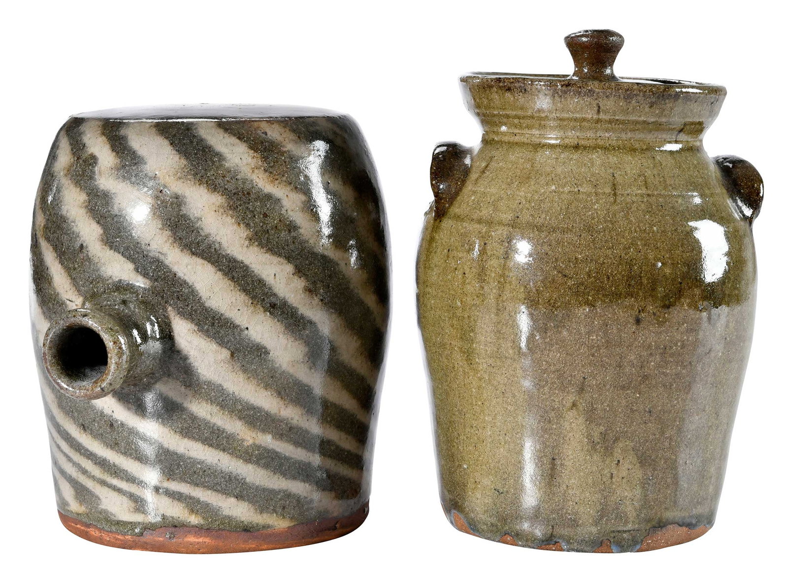 Two Pieces of Burlon Craig North Carolina Stoneware: Vale, North Carolina, 1914-2002, rundlet with gray speckled and cream swirl glaze, curved flared spout to mid body, 8-1/4 in.; lidded jar, light tan olive glaze with rutile runs, brown glazed lug hand