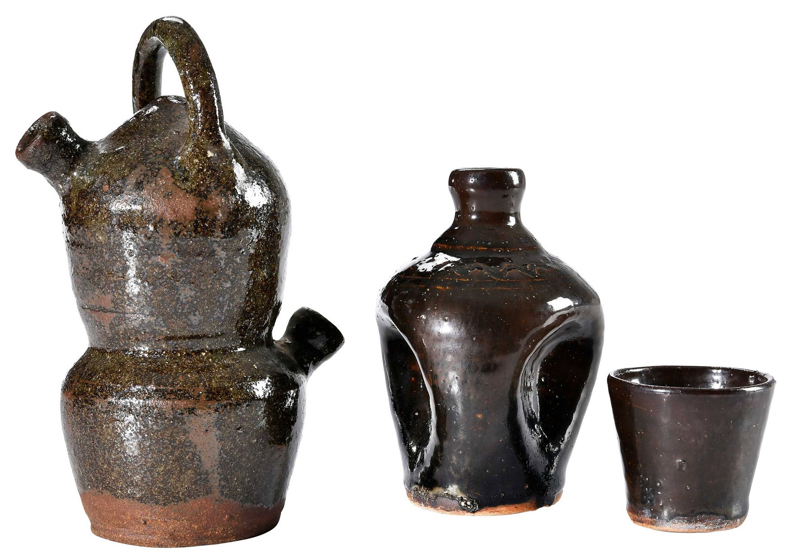 Two Pieces of Burlon Craig North Carolina Stoneware: Vale, North Carolina, 1914-2002, monkey jug with light olive green and brown mottled alkaline glaze, rutile highlights, spouts on opposing upper and lower sides, rounded strap handle, 8-1/2 in.; pinch
