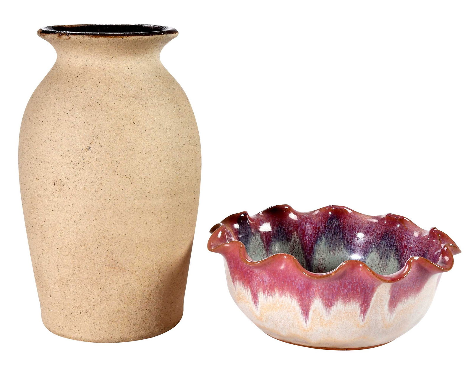 Two Pieces of Bachelder and Brown Buncombe County North Carolina Pottery: Oscar Louis Bachelder, Candler, North Carolina, circa 1920s, unglazed vase, with Albany slip glazed interior, "OLB" cypher stamp on base, 8 in.; Browns Pottery, Arden, North Carolina, contemporary, mu