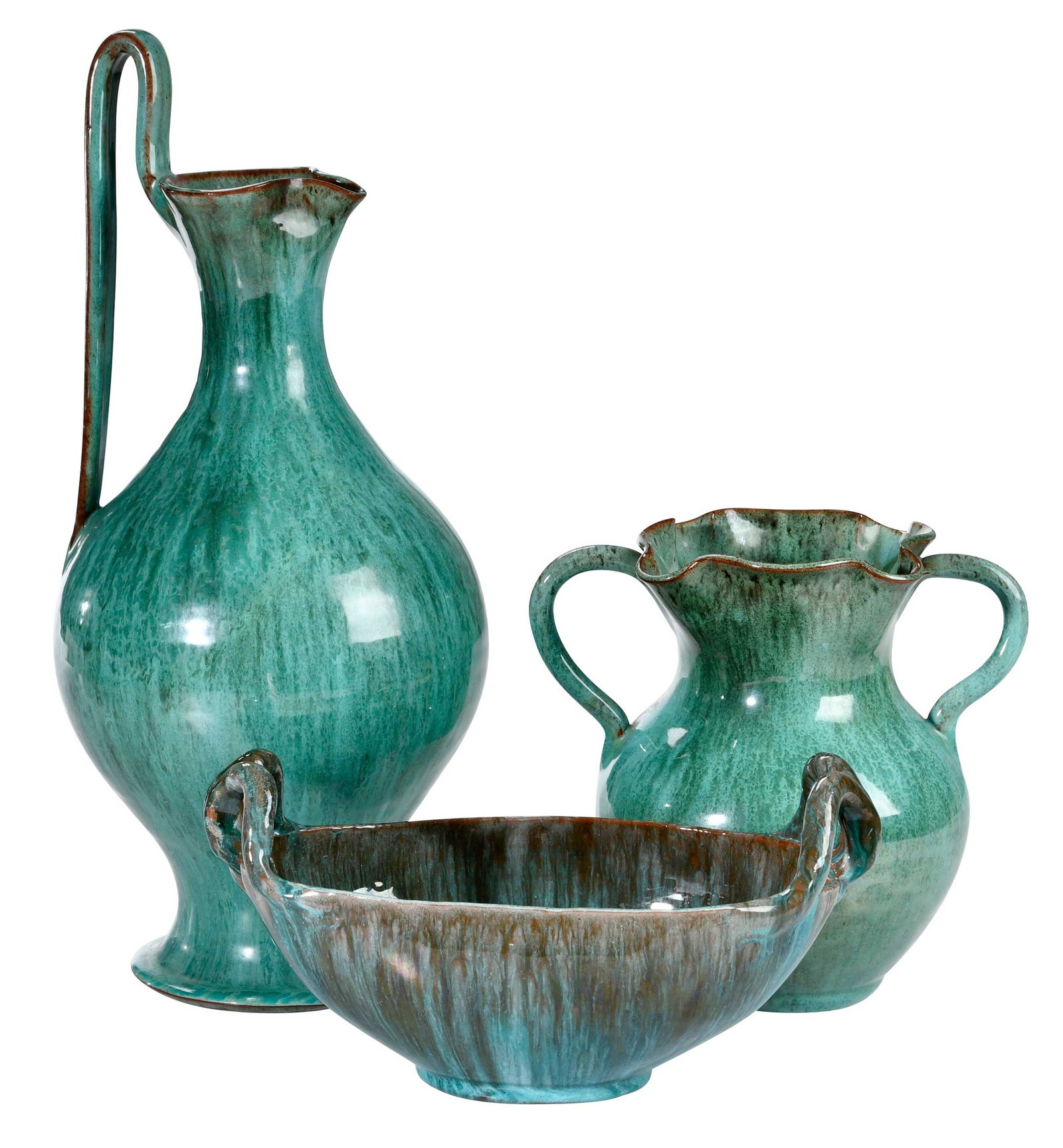 Three Pieces of J.B. Cole Pottery Attributed North Carolina Pottery: Steeds, Montgomery County, circa 1940s and 1950s, all with malachite glazes, bulbous Rebekah pitcher, "# 136" in ink on base, 17 in; curved, elongated, four handle, footed center bowl, 5-1/2 x 11-1/2 
